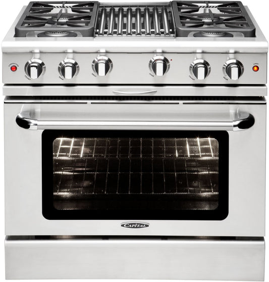 Capital Cooking - 36" Capital Precision Range - Manual Clean - 19K BTU - 4 Sealed Burners w/ 12" BBQ  - MCR364B