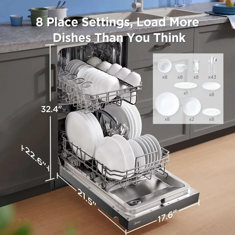 Midea - 18" Front Control Dishwasher, 52dB, 2-Rack, Stainless Tub - MDF18A1ABB