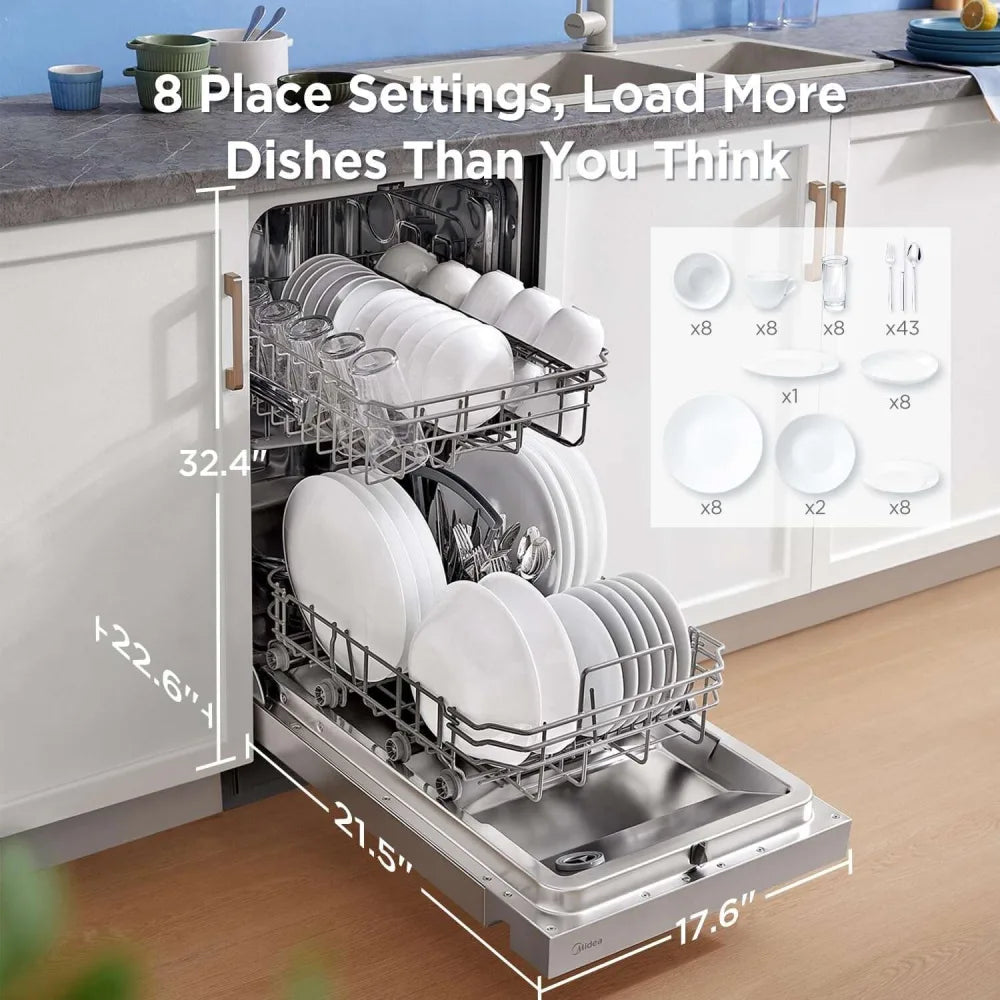 Midea - 18" Front Control Dishwasher, 52dB, 2-Rack, Stainless Tub - MDF18A1AST