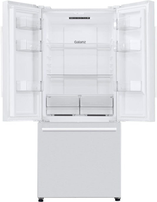 GALANZ - 29 Inch Freestanding French Door Refrigerator with 16 cu. ft. Total Capacity, 3 Glass Shelves, Crisper Drawer, Frost Free Defrost | GLR16FWEE16
