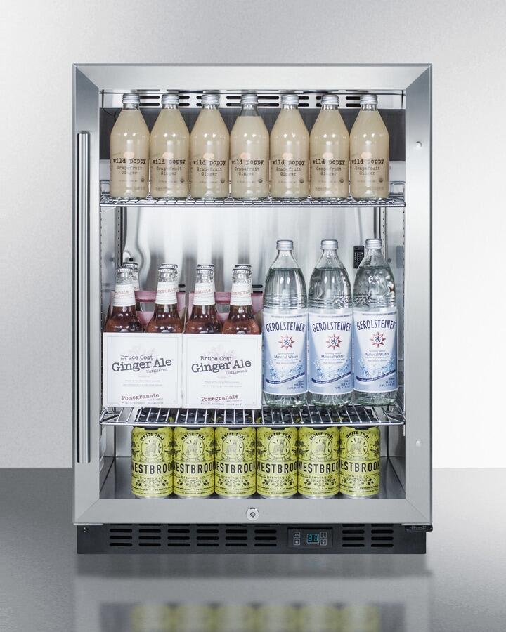 Summit | 24" Built-In Commercial Beverage Center with 5.0 Cu. Ft. Capacity, Door Alarm, Temperature Alarm, Memory Function, Reversible Double Pane Glass Door, Cantilevered Shelves, Sabbath Mode, 100% CFC Free, and EnergyStar Certified | SCR610BLCSS