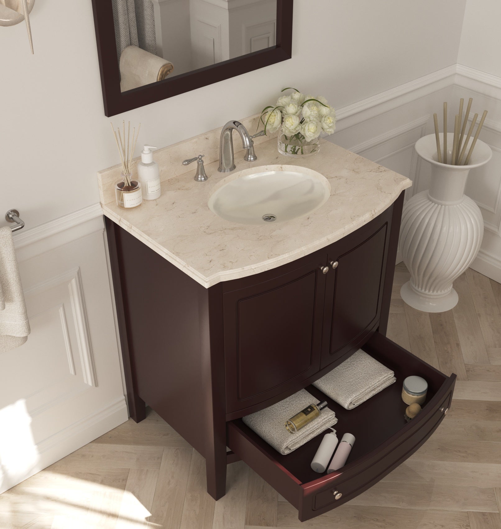 Laviva - Estella 32" Brown Bathroom Vanity with Jerusalem Gold Marble Countertop | 3130709-32B-JG
