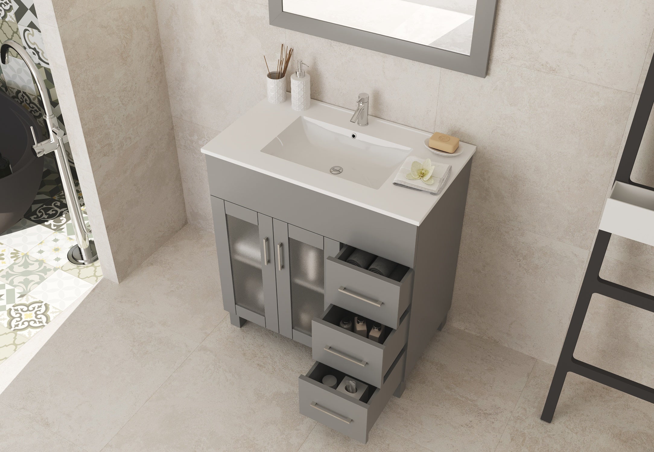 Laviva - Nova 32" Grey Bathroom Vanity with White Ceramic Basin Countertop | 31321529-32G-CB