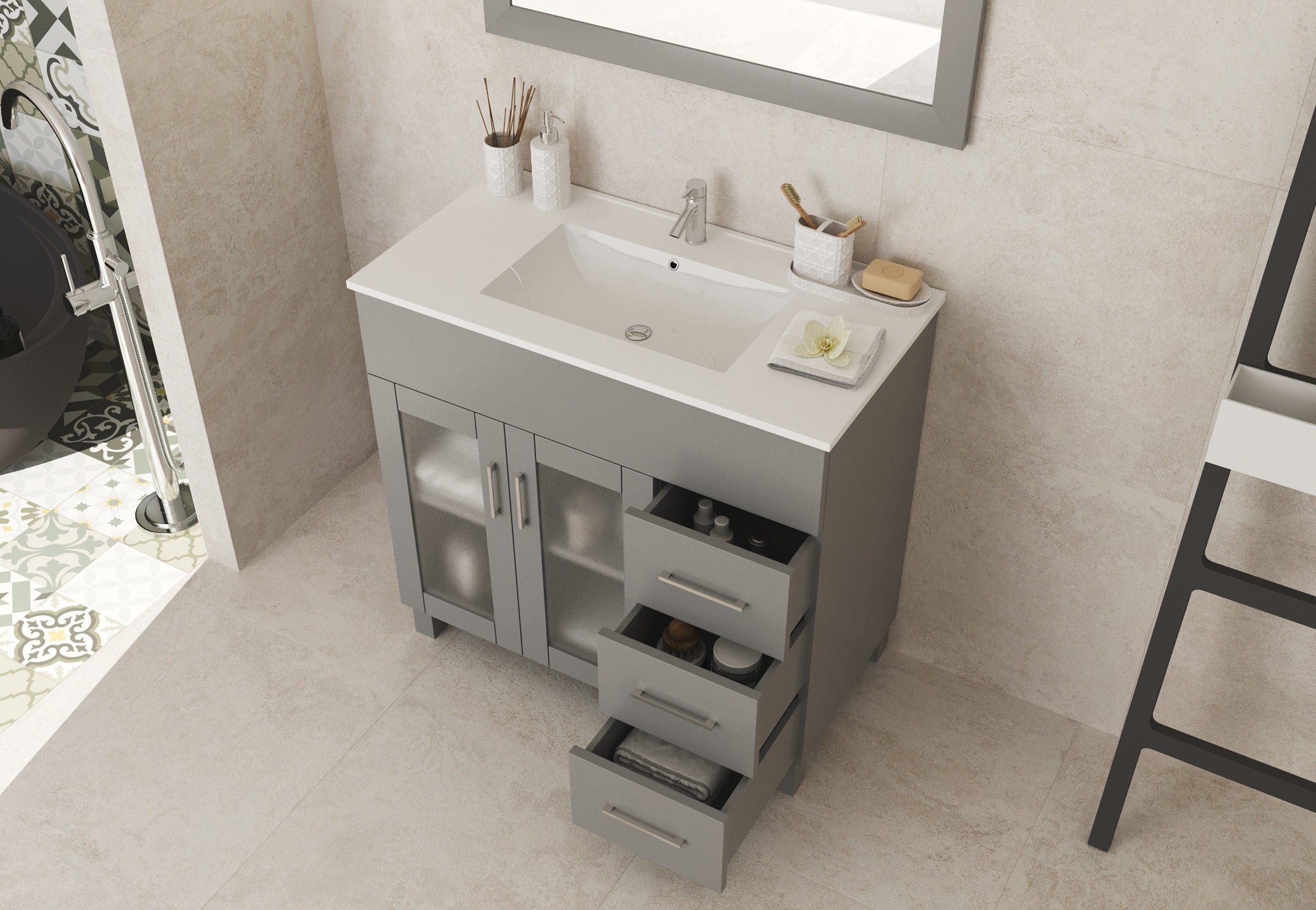 Laviva - Nova 36" Grey Bathroom Vanity with White Ceramic Basin Countertop | 31321529-36G-CB