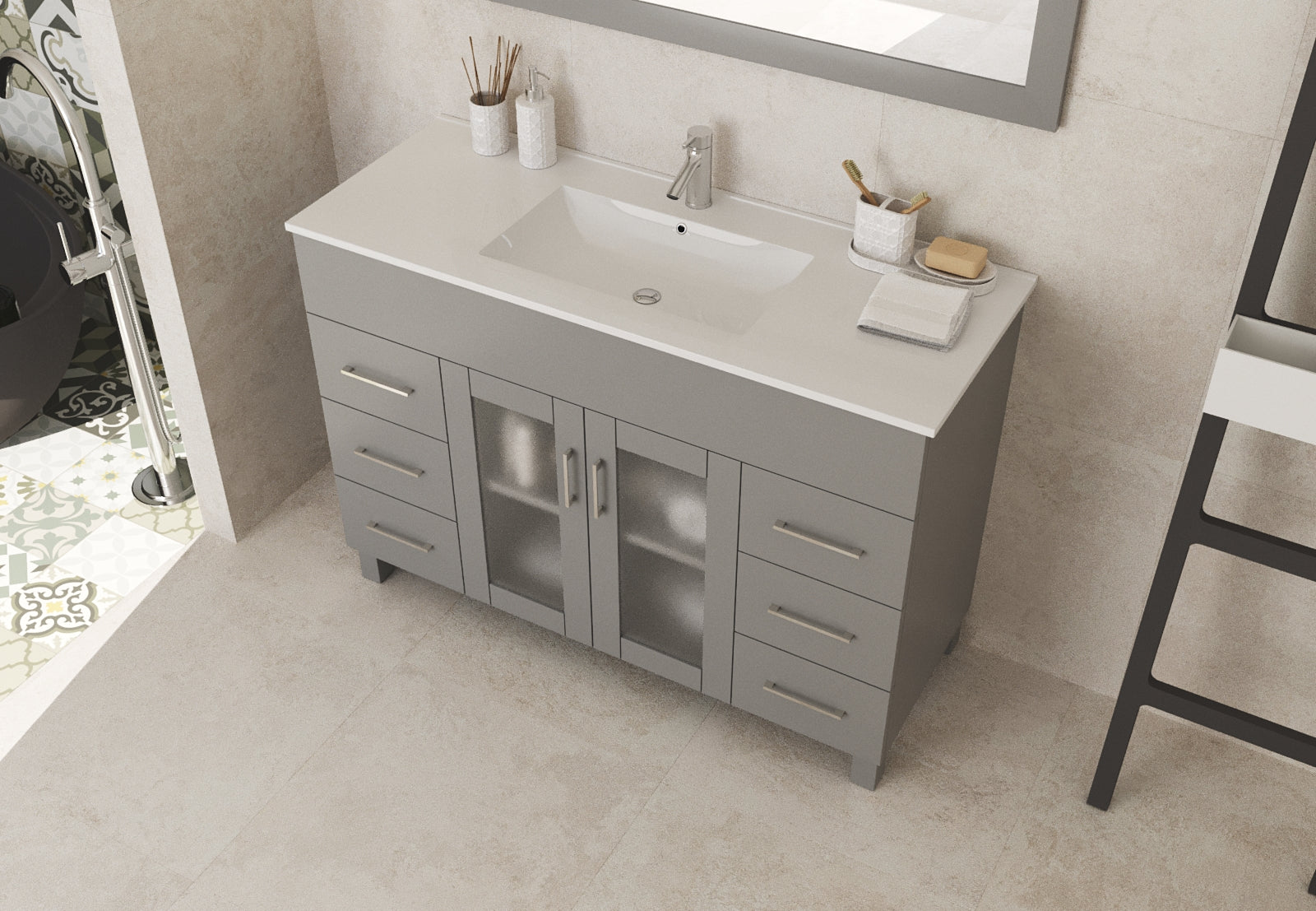 Laviva - Nova 48" Grey Bathroom Vanity with White Ceramic Basin Countertop | 31321529-48G-CB