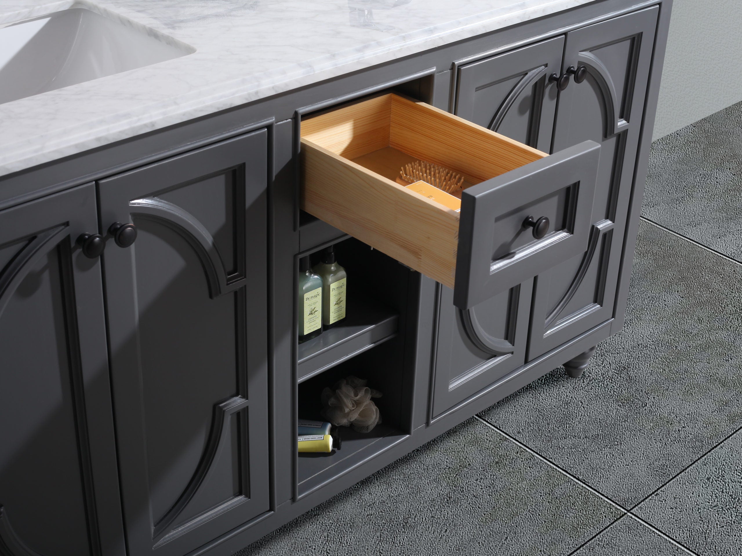 Laviva - Odyssey 60" Maple Grey Double Sink Bathroom Vanity with Matte Black VIVA Stone Solid Surface Countertop | 313613-60G-MB