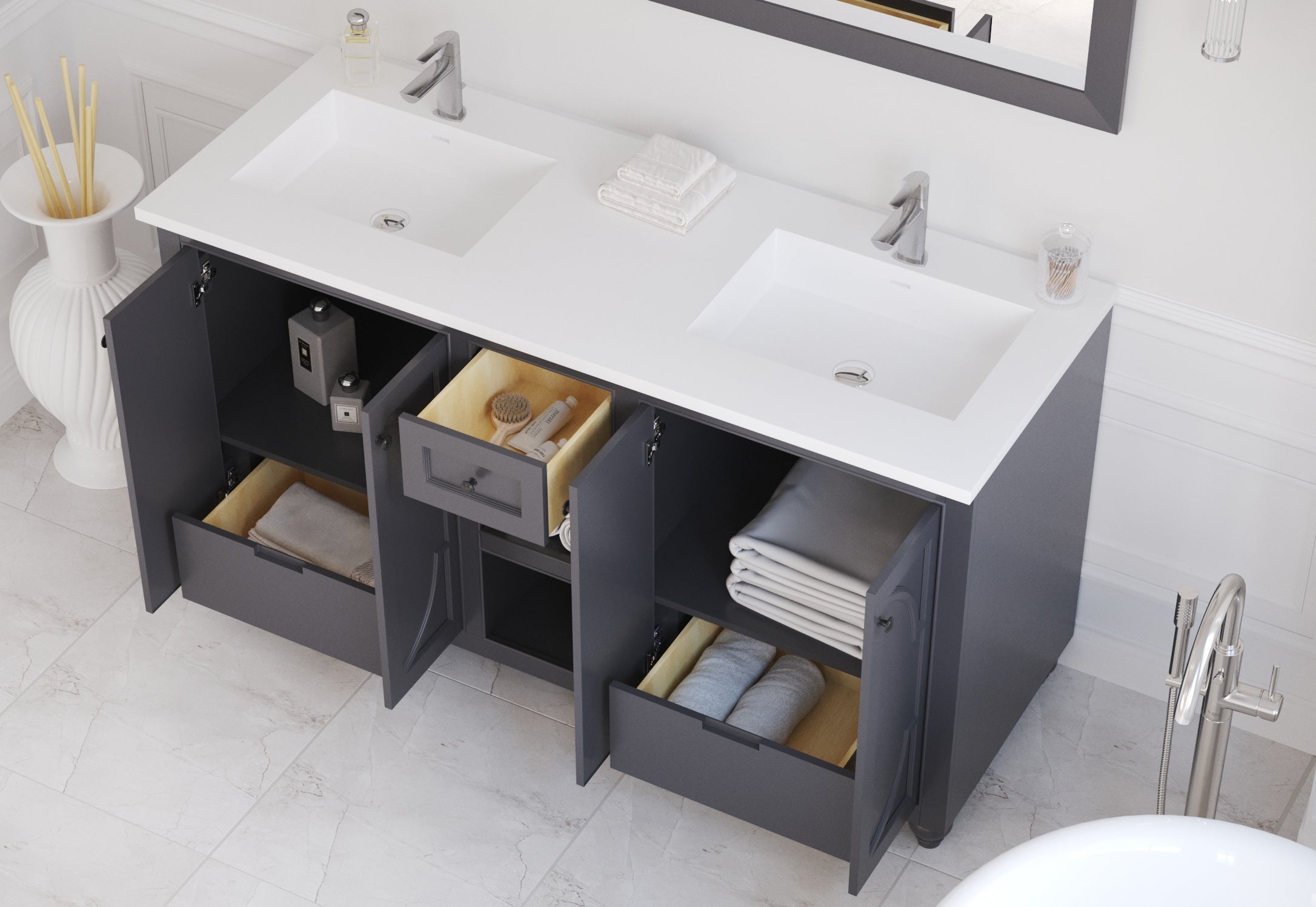 Laviva - Odyssey 60" Maple Grey Double Sink Bathroom Vanity with Matte White VIVA Stone Solid Surface Countertop | 313613-60G-MW