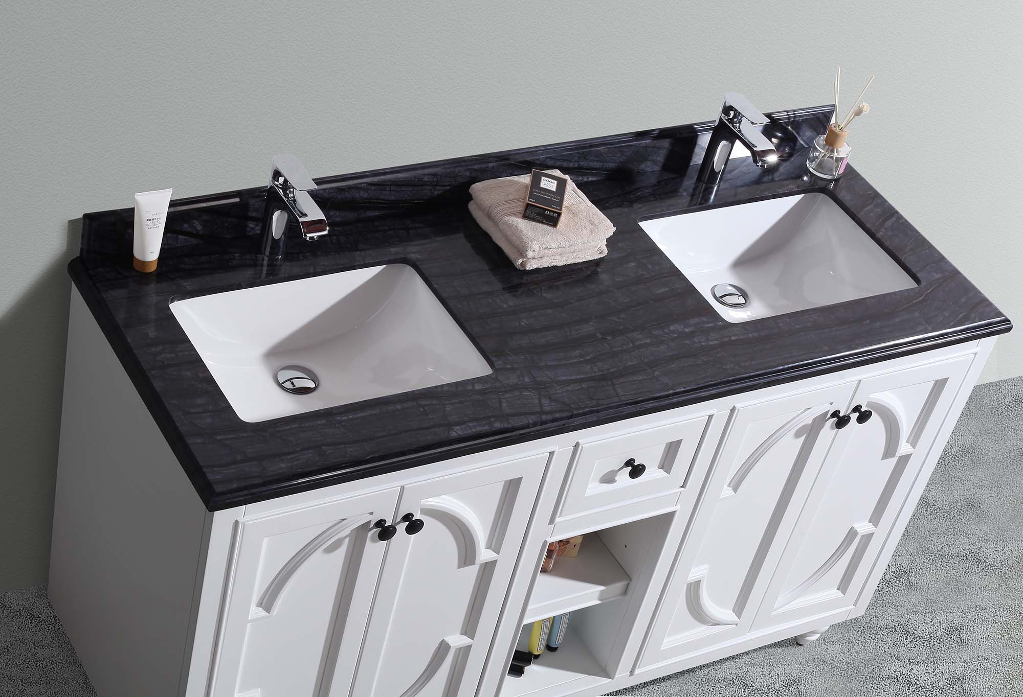 Laviva - Odyssey 60" White Double Sink Bathroom Vanity with Black Wood Marble Countertop | 313613-60W-BW