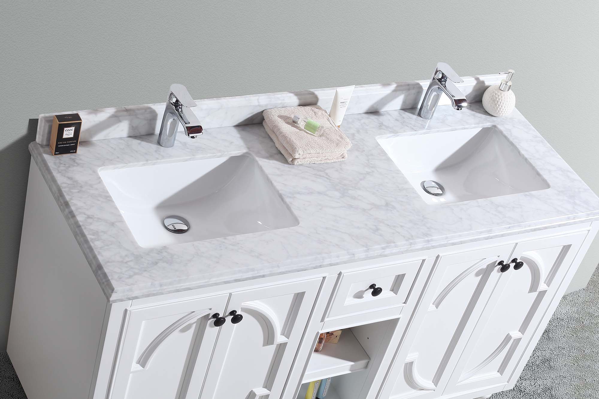 Laviva - Odyssey 60" White Double Sink Bathroom Vanity with White Carrara Marble Countertop | 313613-60W-WC