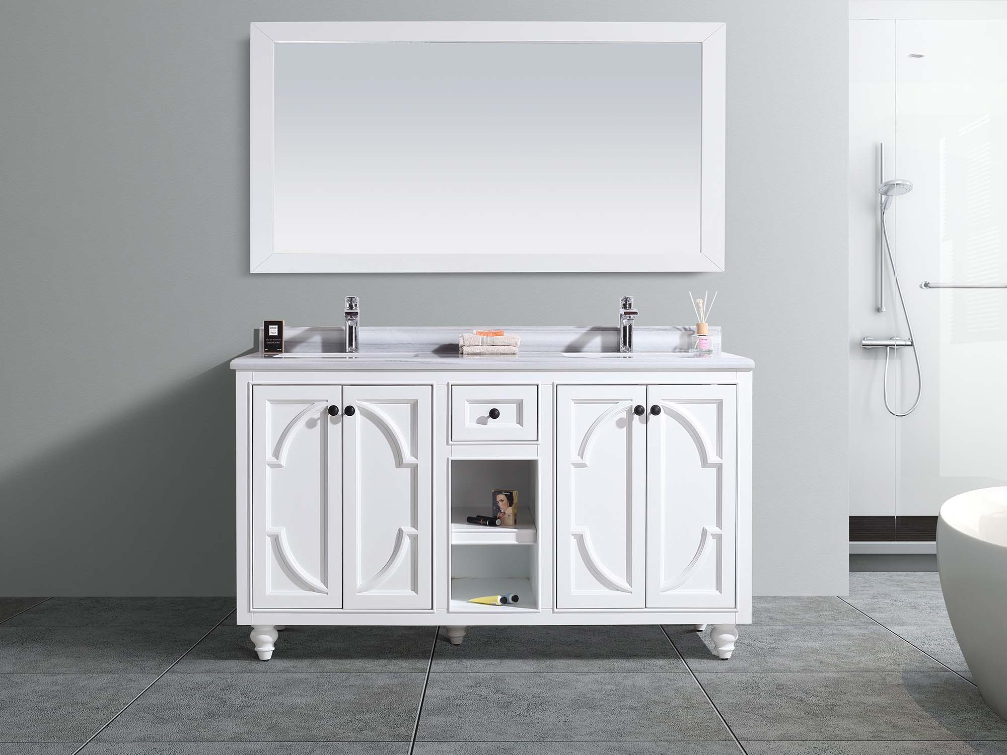 Laviva - Odyssey 60" White Double Sink Bathroom Vanity with White Stripes Marble Countertop | 313613-60W-WS