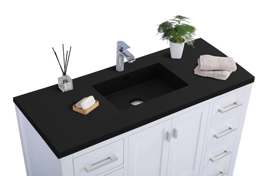 Laviva - Wilson 48" White Bathroom Vanity with Matte Black VIVA Stone Solid Surface Countertop | 313ANG-48W-MB