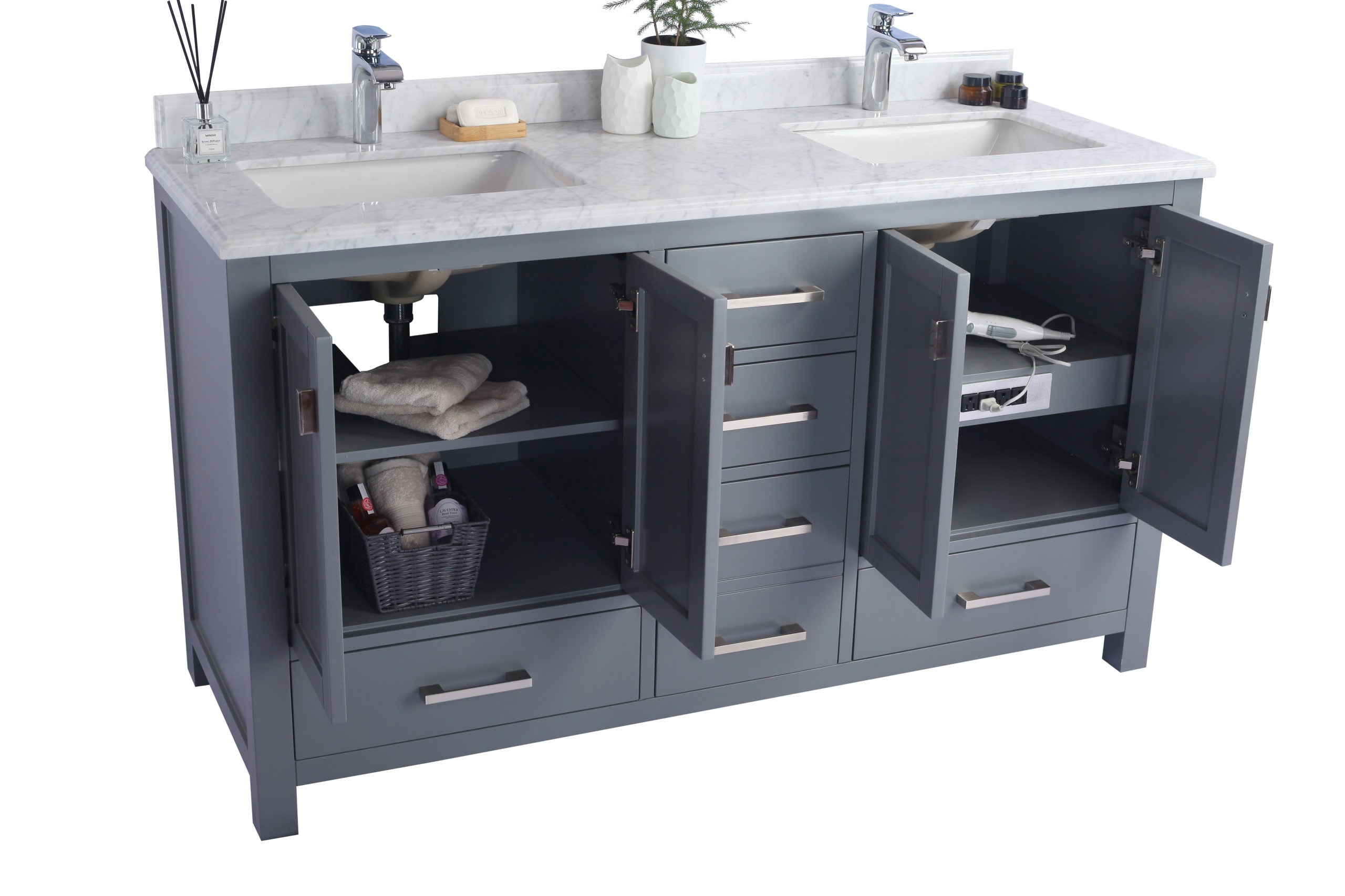 Laviva - Wilson 60" Grey Double Sink Bathroom Vanity with Black Wood Marble Countertop | 313ANG-60G-BW