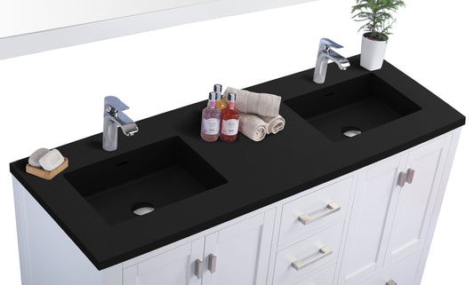 Laviva - Wilson 60" White Double Sink Bathroom Vanity with Matte Black VIVA Stone Solid Surface Countertop | 313ANG-60W-MB