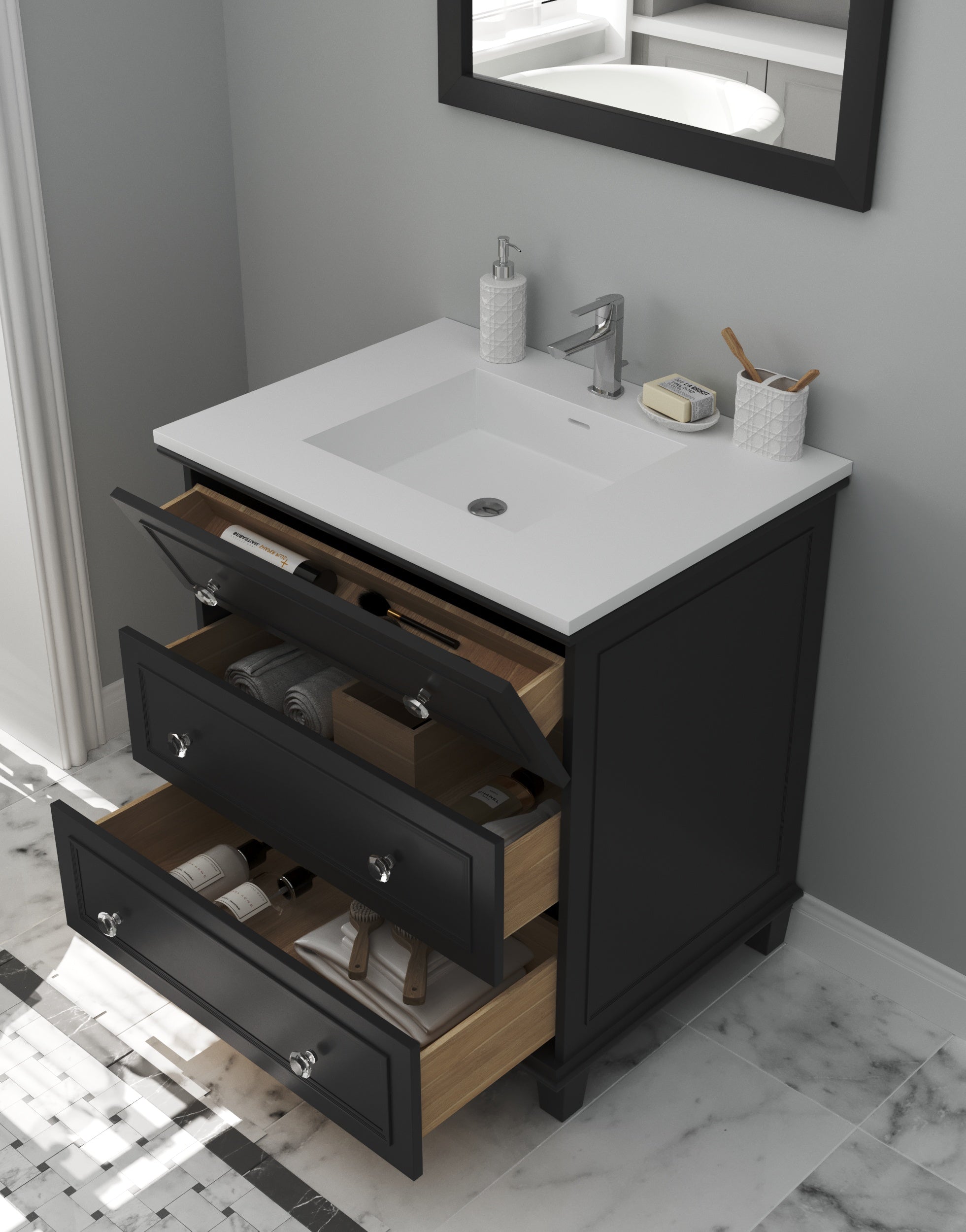 Laviva - Luna 30" Espresso Bathroom Vanity with Matte White VIVA Stone Solid Surface Countertop | 313DVN-30E-MW