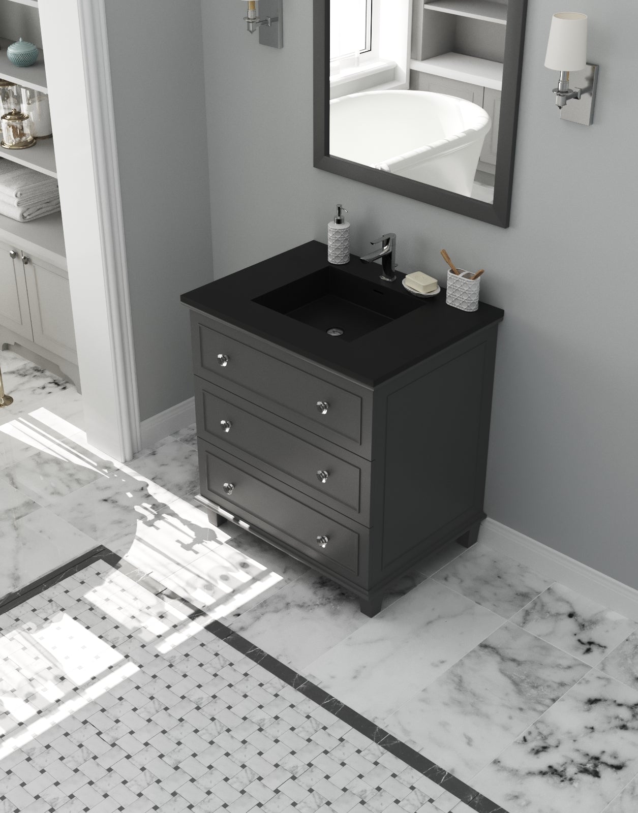 Laviva - Luna 30" Maple Grey Bathroom Vanity with Matte Black VIVA Stone Solid Surface Countertop | 313DVN-30G-MB