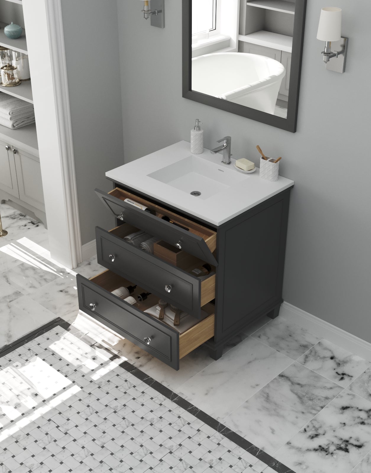 Laviva - Luna 30" Maple Grey Bathroom Vanity with Matte White VIVA Stone Solid Surface Countertop | 313DVN-30G-MW