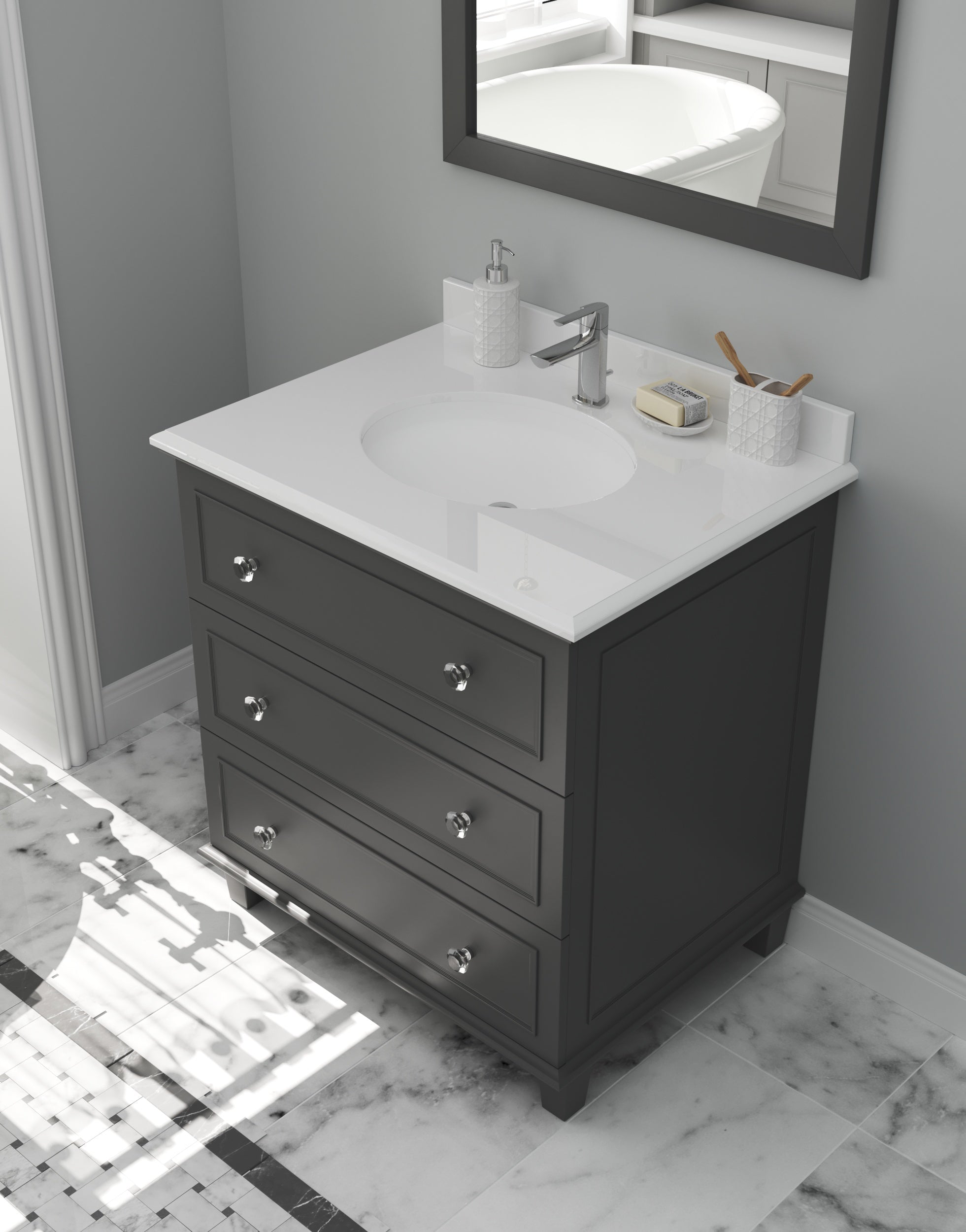 Laviva - Luna 30" Maple Grey Bathroom Vanity with Pure White Phoenix Stone Countertop | 313DVN-30G-PW