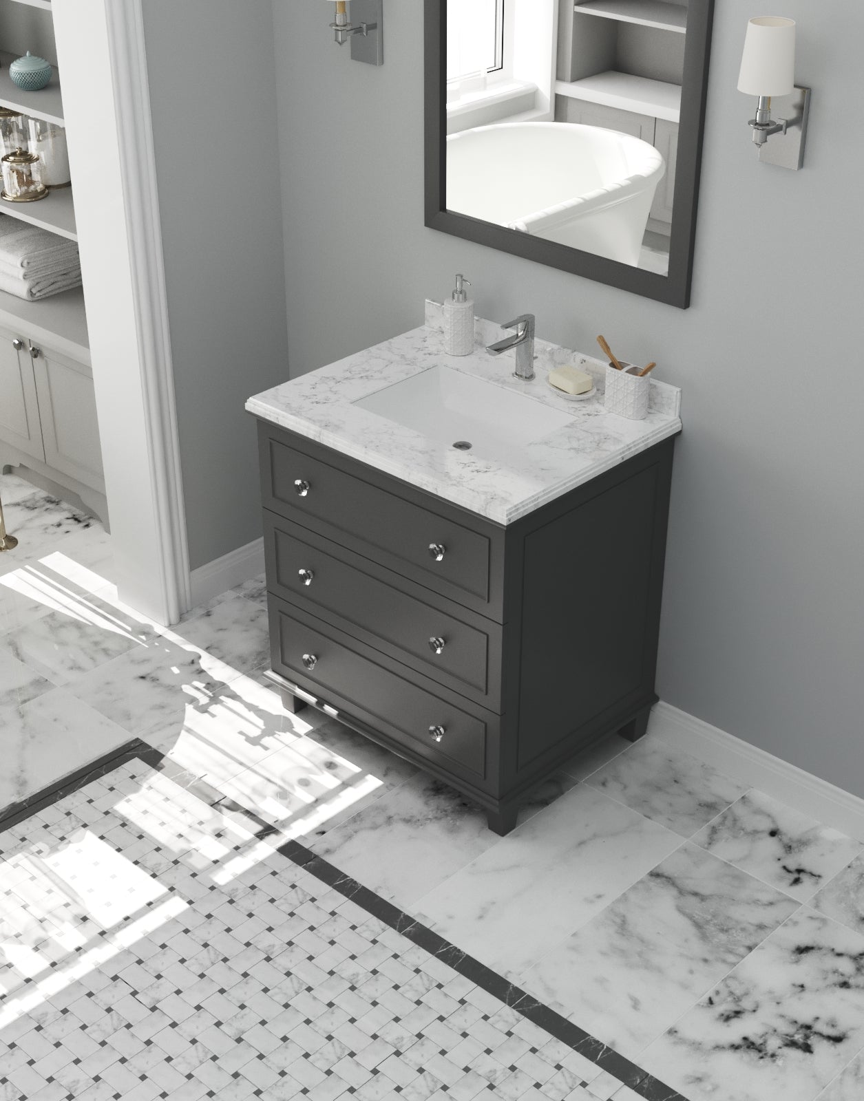 Laviva - Luna 30" Maple Grey Bathroom Vanity with White Carrara Marble Countertop | 313DVN-30G-WC