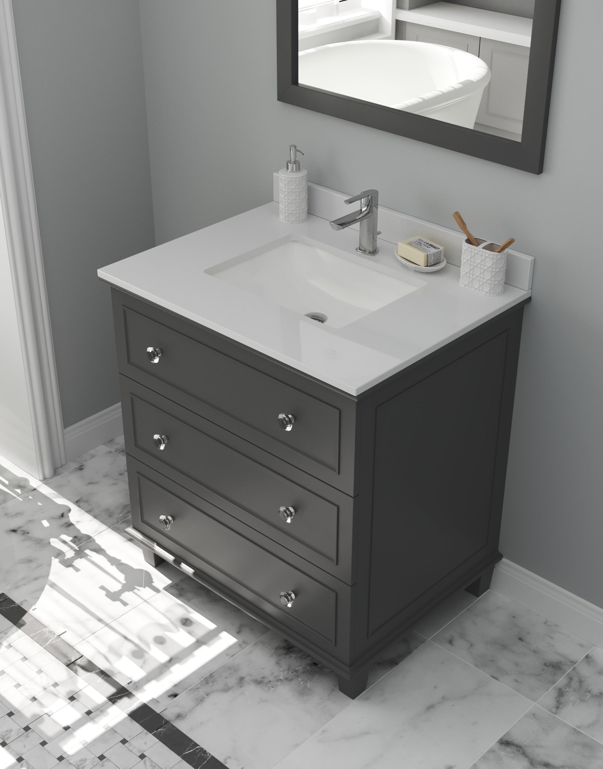 Laviva - Luna 30" Maple Grey Bathroom Vanity with White Quartz Countertop | 313DVN-30G-WQ