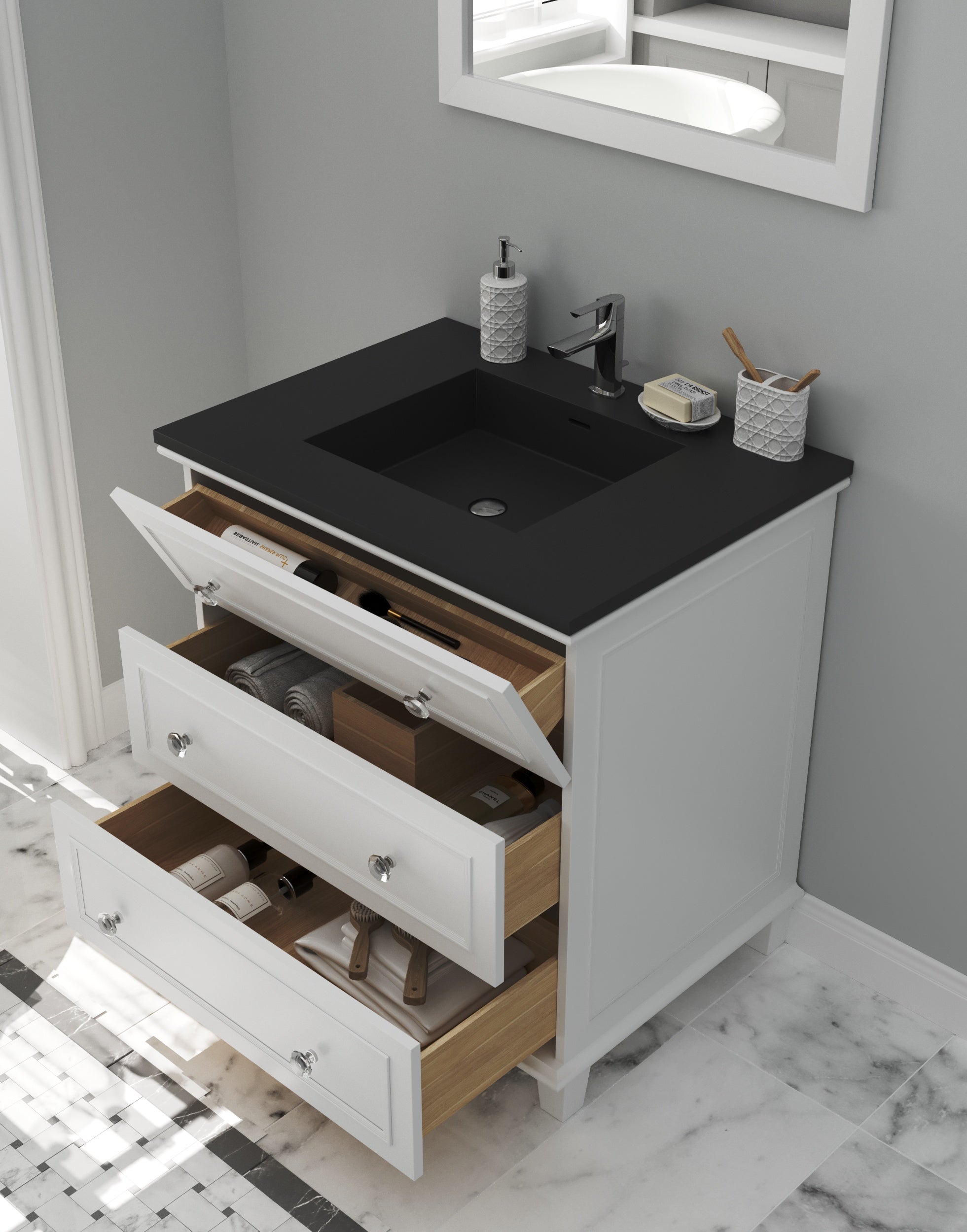 Laviva - Luna 30" White Bathroom Vanity with Matte Black VIVA Stone Solid Surface Countertop | 313DVN-30W-MB