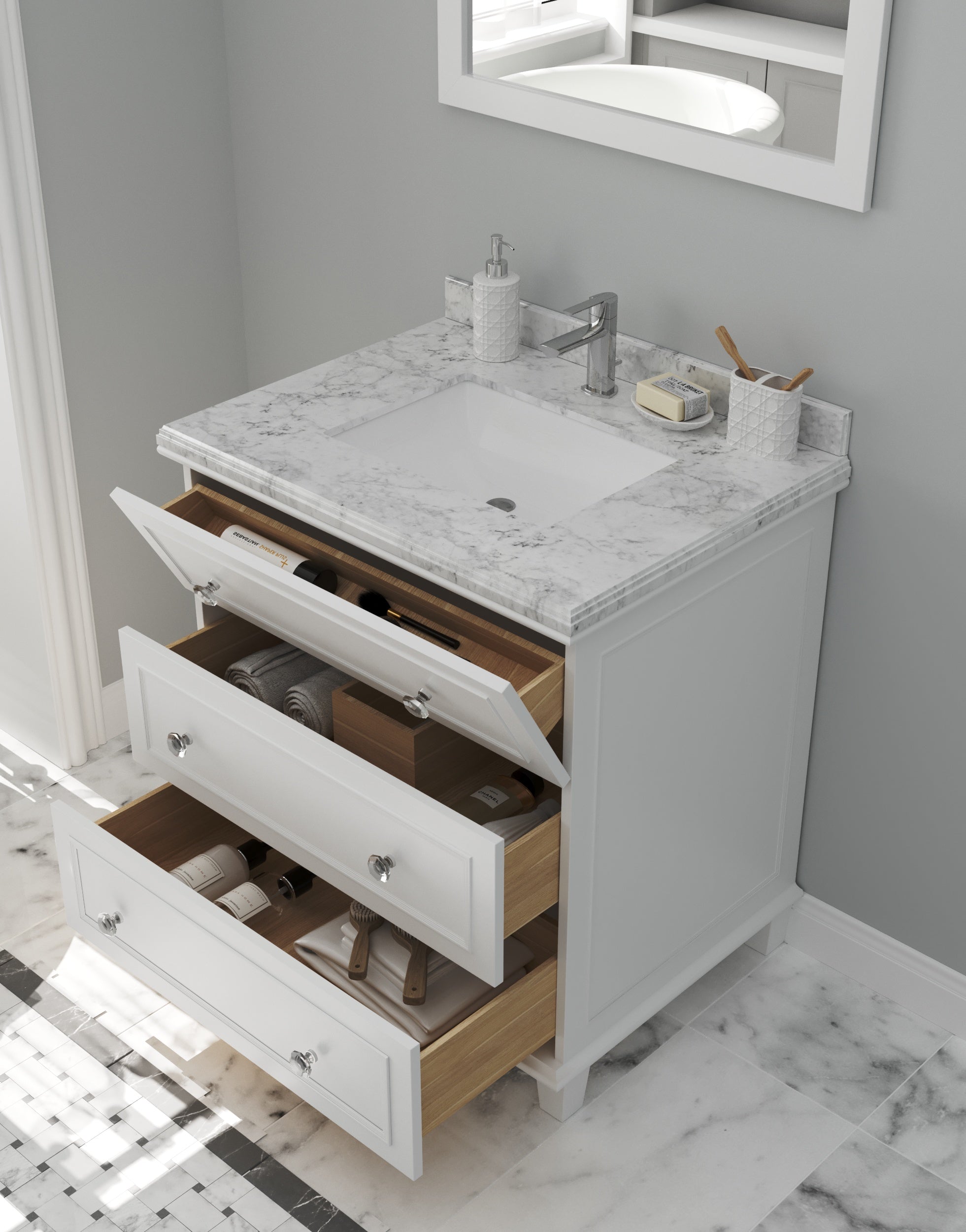 Laviva - Luna 30" White Bathroom Vanity with White Carrara Marble Countertop | 313DVN-30W-WC