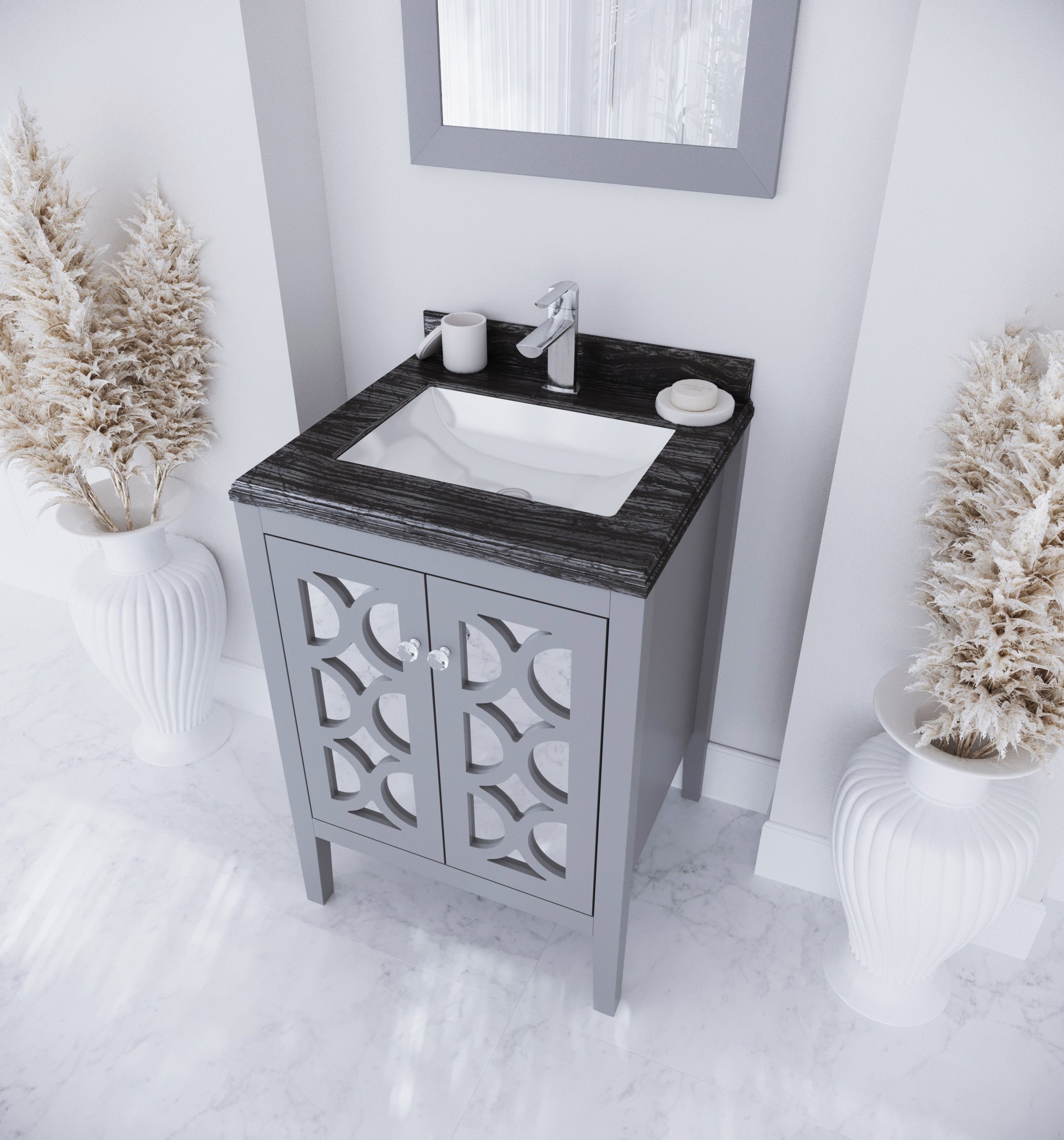 Laviva - Mediterraneo 24" Grey Bathroom Vanity with Black Wood Marble Countertop | 313MKSH-24G-BW