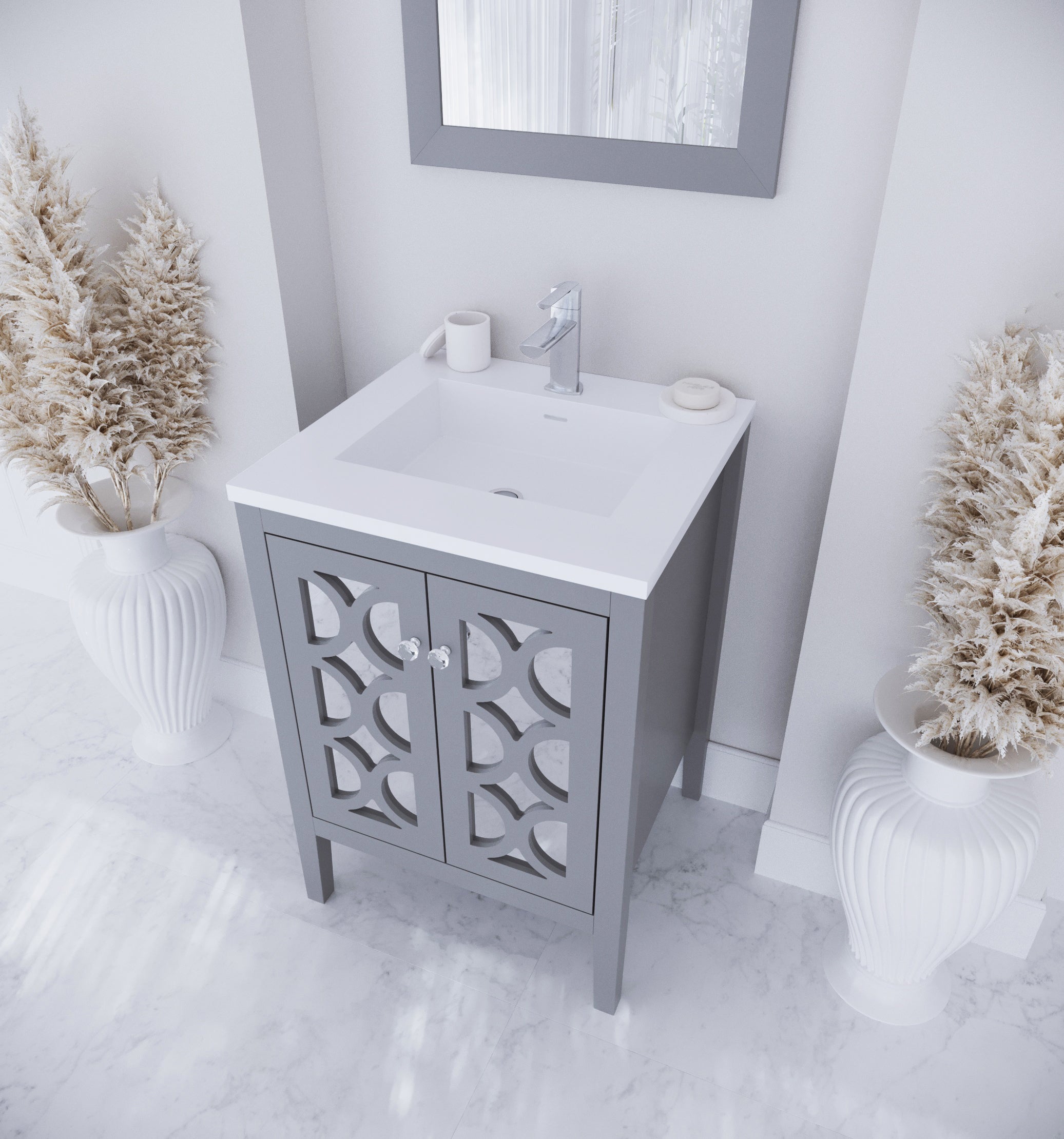 Laviva - Mediterraneo 24" Grey Bathroom Vanity with Matte White VIVA Stone Solid Surface Countertop | 313MKSH-24G-MW