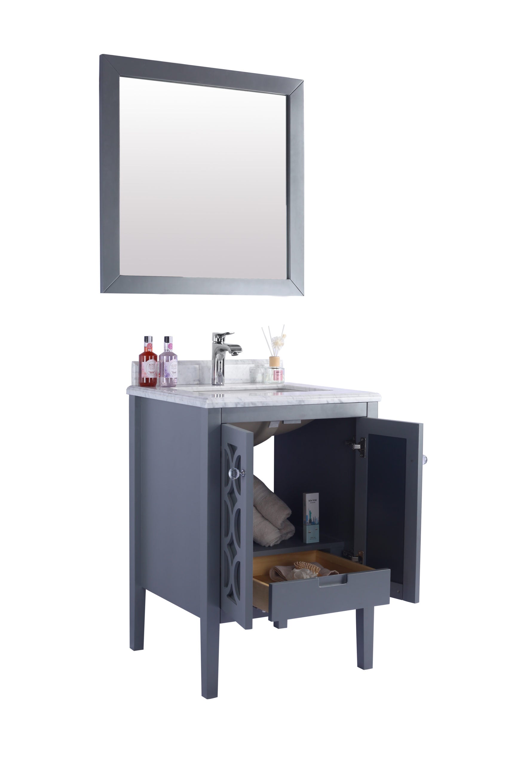 Laviva - Mediterraneo 24" Grey Bathroom Vanity with White Carrara Marble Countertop | 313MKSH-24G-WC