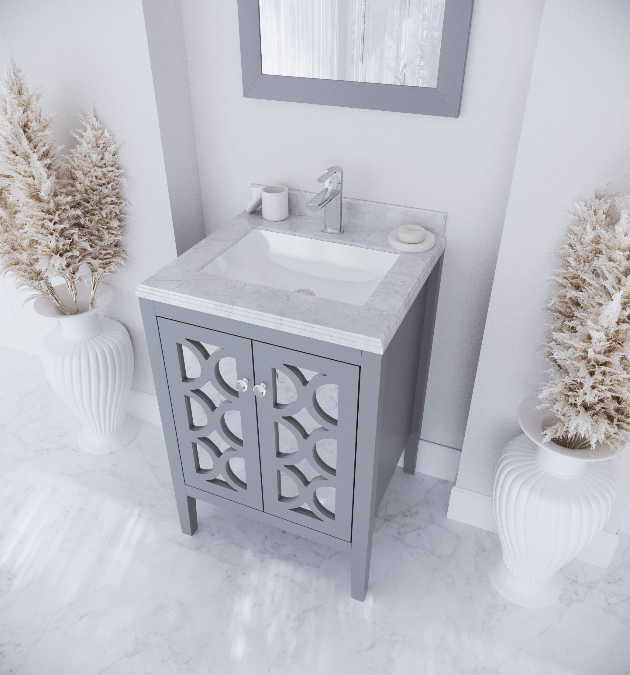 Laviva - Mediterraneo 24" Grey Bathroom Vanity with White Carrara Marble Countertop | 313MKSH-24G-WC