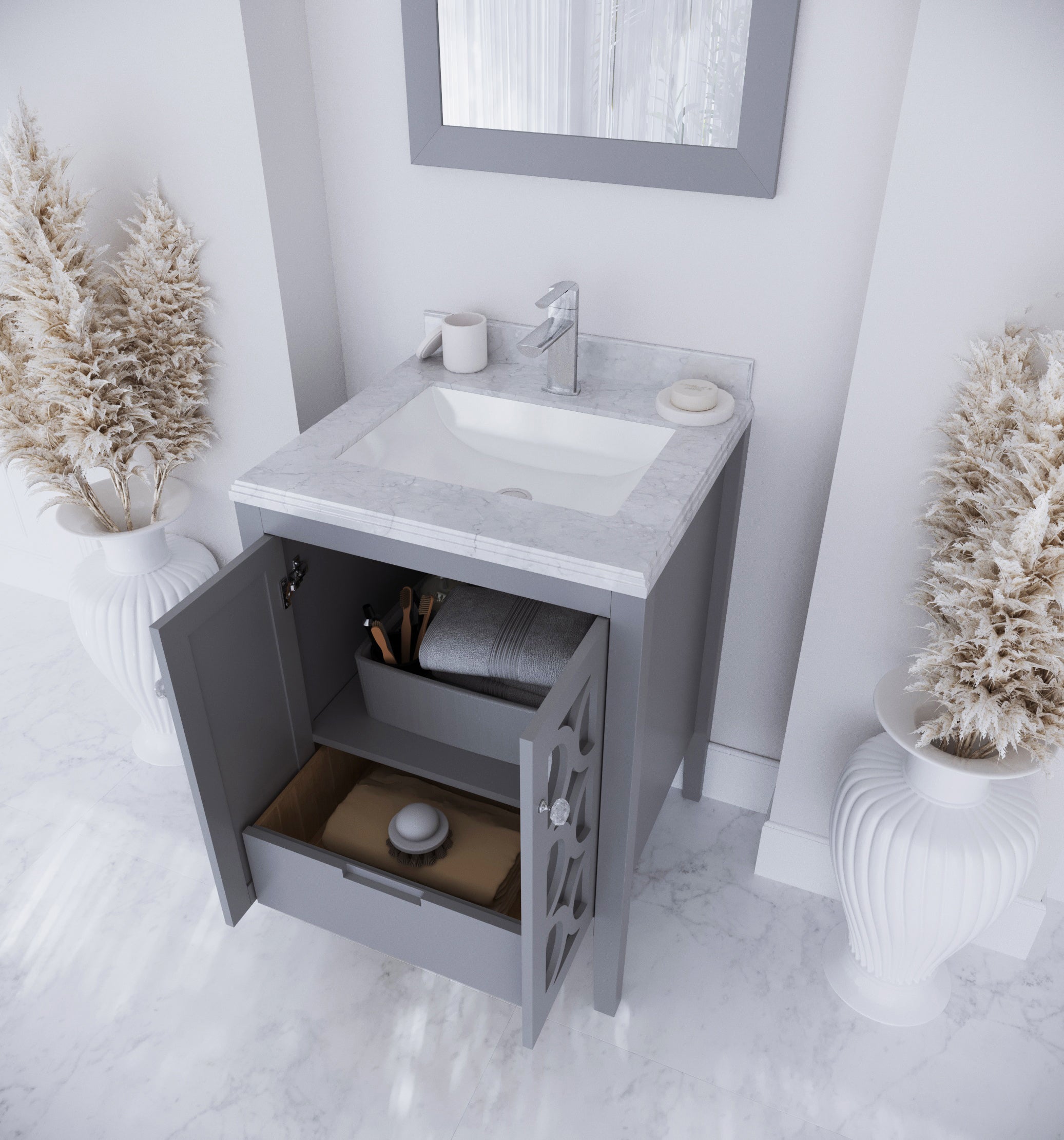 Laviva - Mediterraneo 24" Grey Bathroom Vanity with White Carrara Marble Countertop | 313MKSH-24G-WC