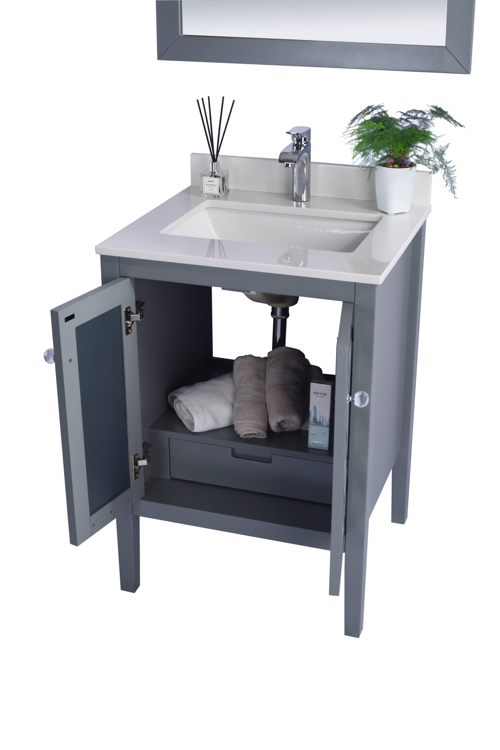 Laviva - Mediterraneo 24" Grey Bathroom Vanity with White Quartz Countertop | 313MKSH-24G-WQ