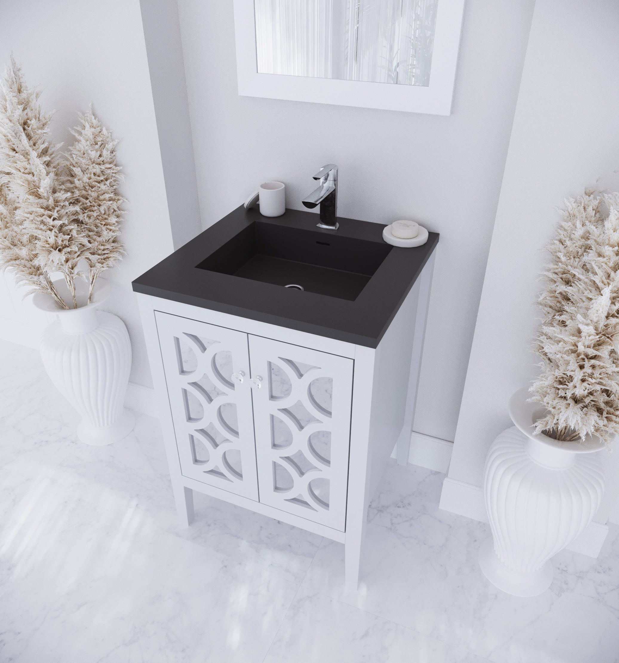 Laviva - Mediterraneo 24" White Bathroom Vanity with Matte Black VIVA Stone Solid Surface Countertop | 313MKSH-24W-MB