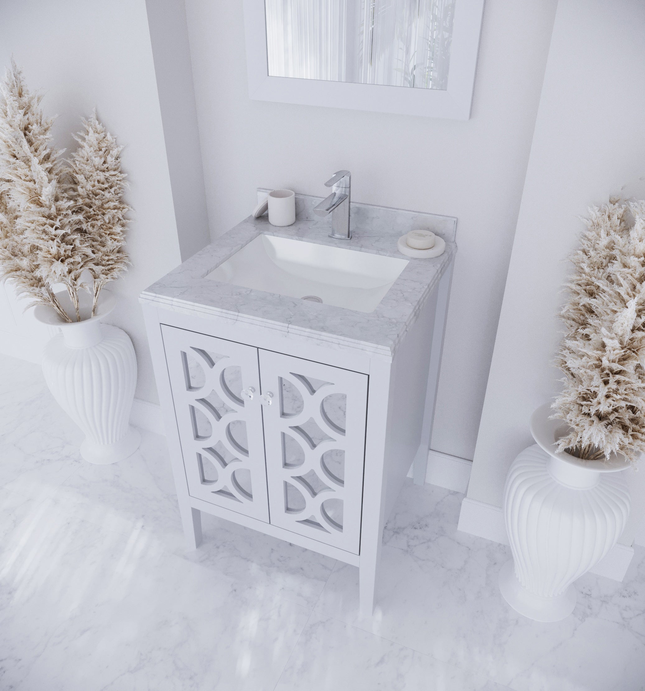 Laviva - Mediterraneo 24" White Bathroom Vanity with White Carrara Marble Countertop | 313MKSH-24W-WC