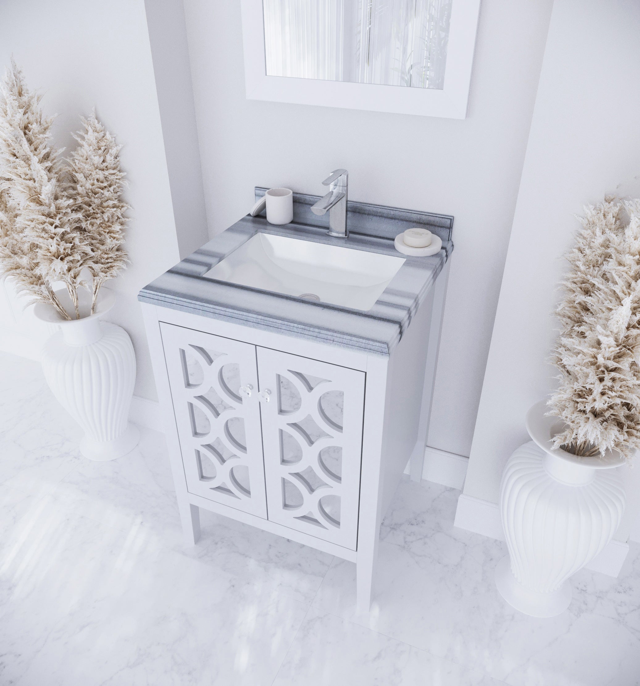 Laviva - Mediterraneo 24" White Bathroom Vanity with White Stripes Marble Countertop | 313MKSH-24W-WS