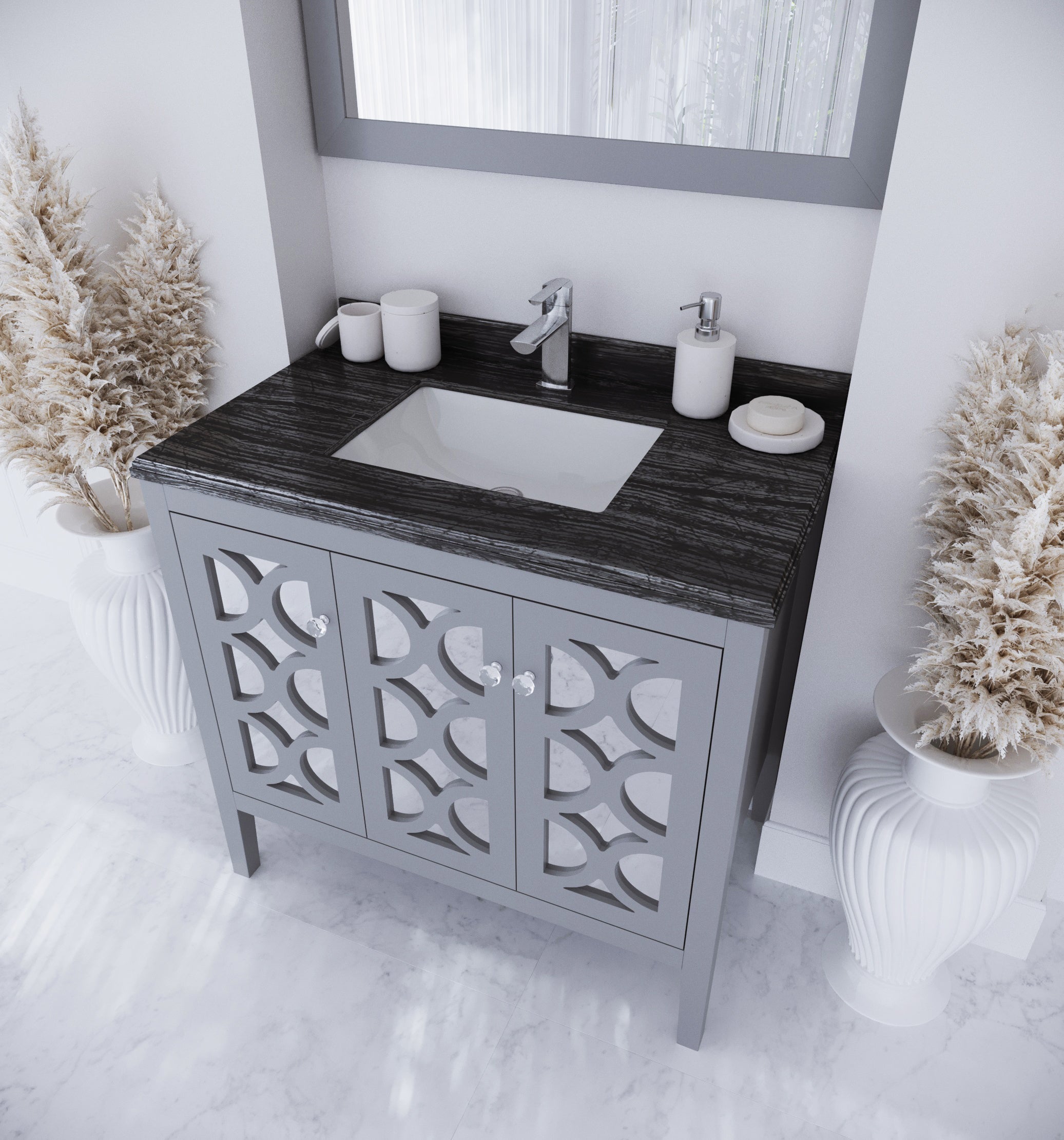 Laviva - Mediterraneo 36" Grey Bathroom Vanity with Black Wood Marble Countertop | 313MKSH-36G-BW