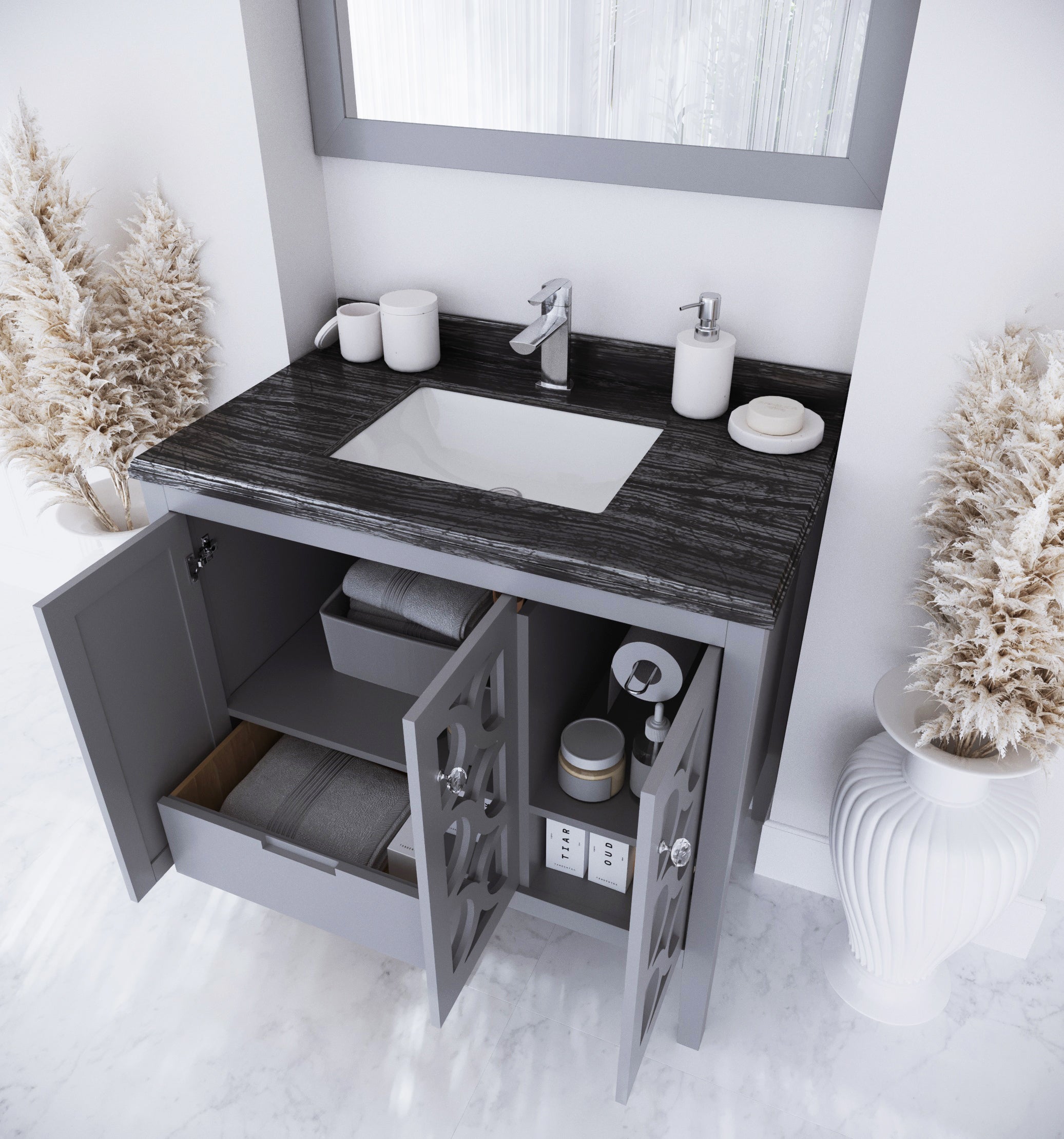 Laviva - Mediterraneo 36" Grey Bathroom Vanity with Black Wood Marble Countertop | 313MKSH-36G-BW