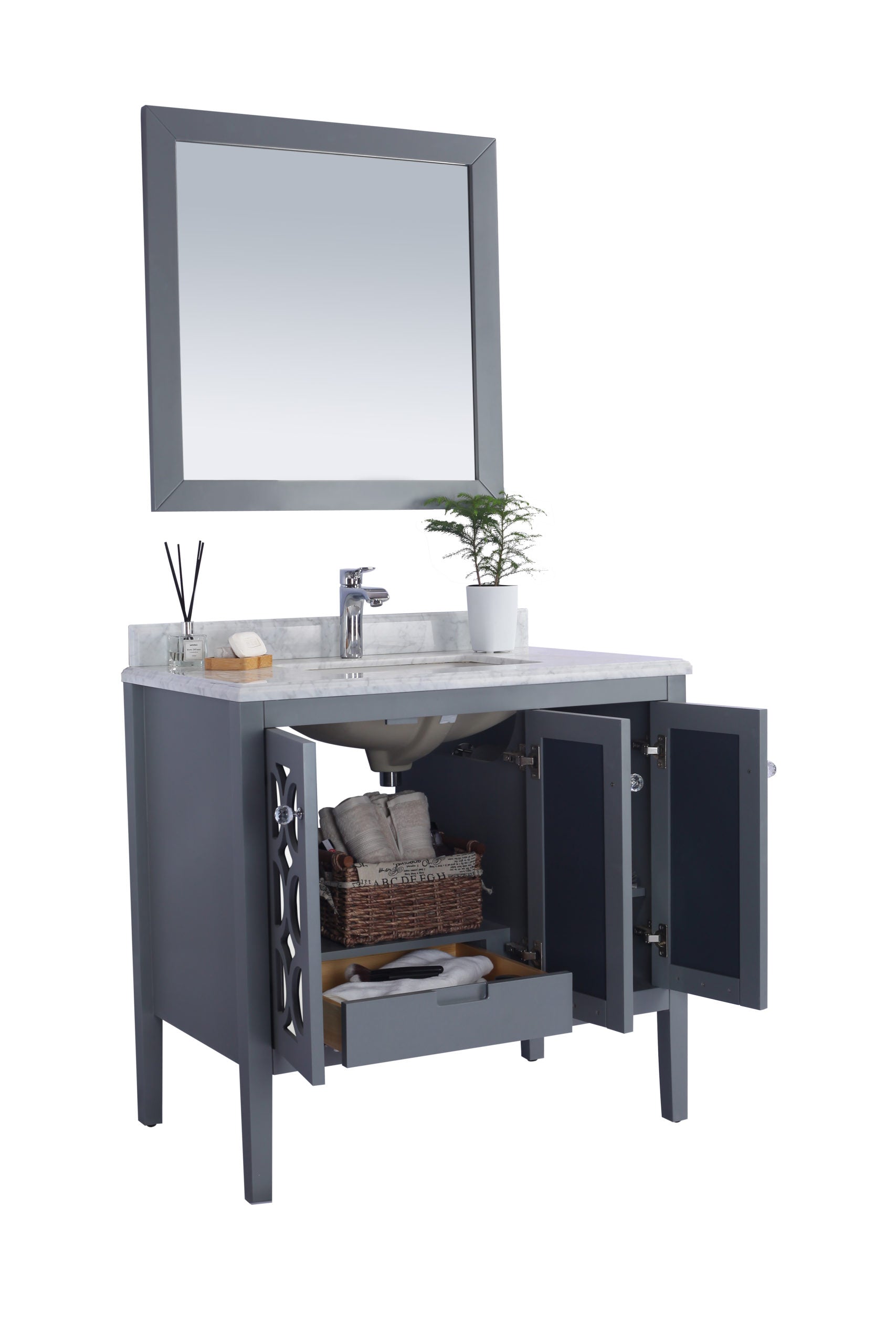 Laviva - Mediterraneo 36" Grey Bathroom Vanity with Matte Black VIVA Stone Solid Surface Countertop | 313MKSH-36G-MB