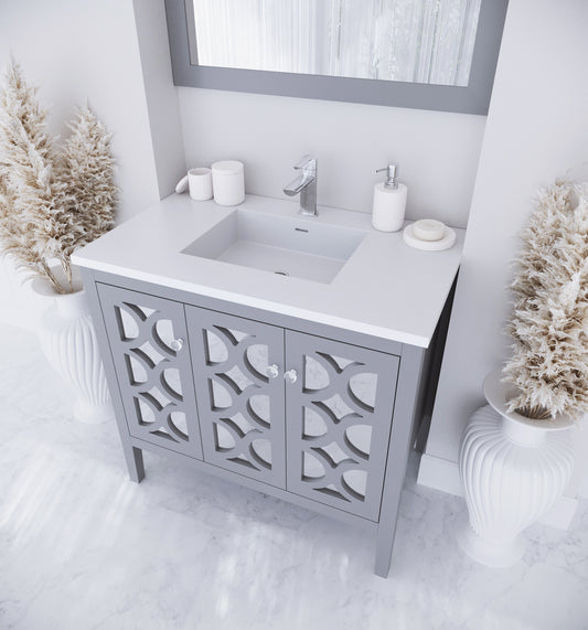 Laviva - Mediterraneo 36" Grey Bathroom Vanity with Matte White VIVA Stone Solid Surface Countertop | 313MKSH-36G-MW