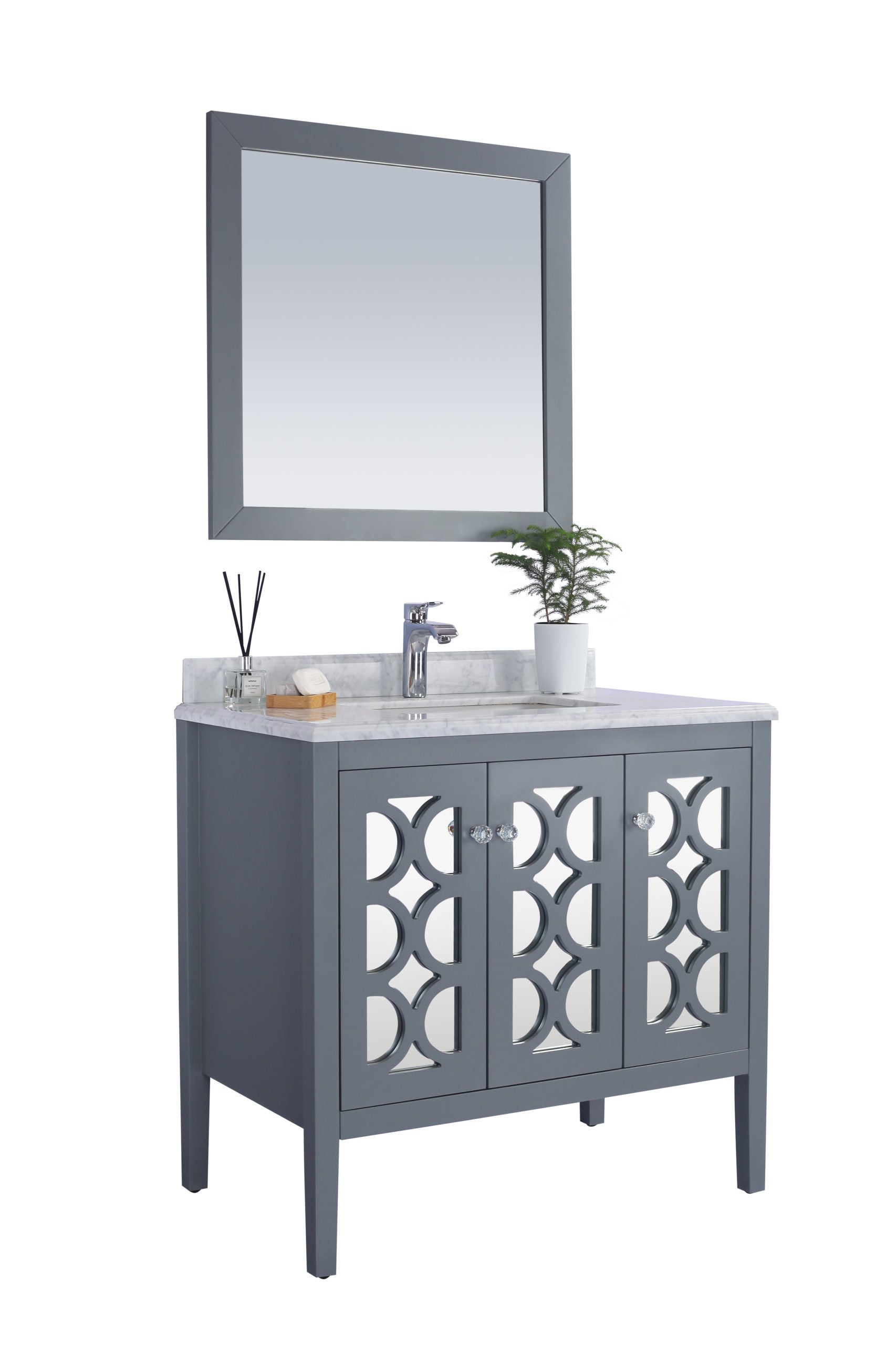 Laviva - Mediterraneo 36" Grey Bathroom Vanity with White Carrara Marble Countertop | 313MKSH-36G-WC