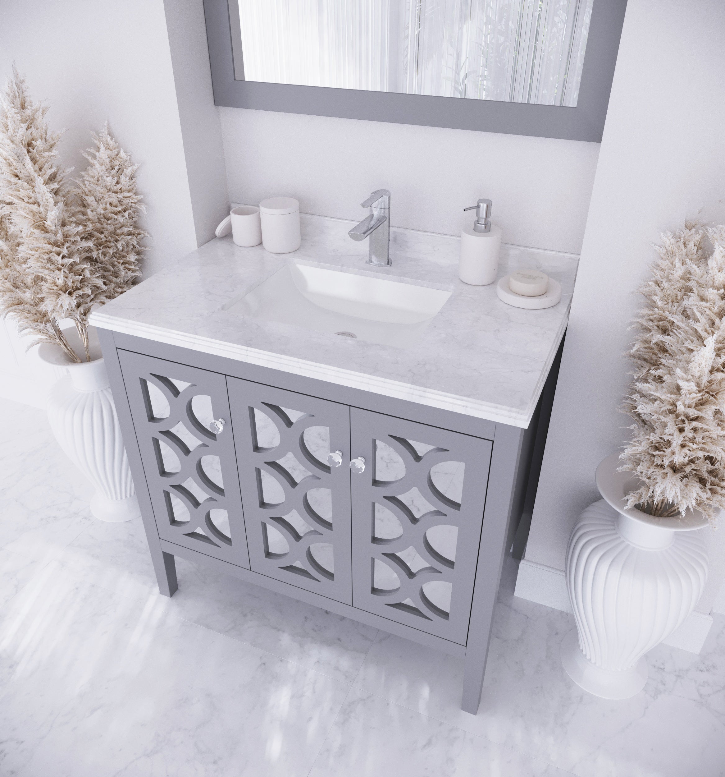 Laviva - Mediterraneo 36" Grey Bathroom Vanity with White Carrara Marble Countertop | 313MKSH-36G-WC