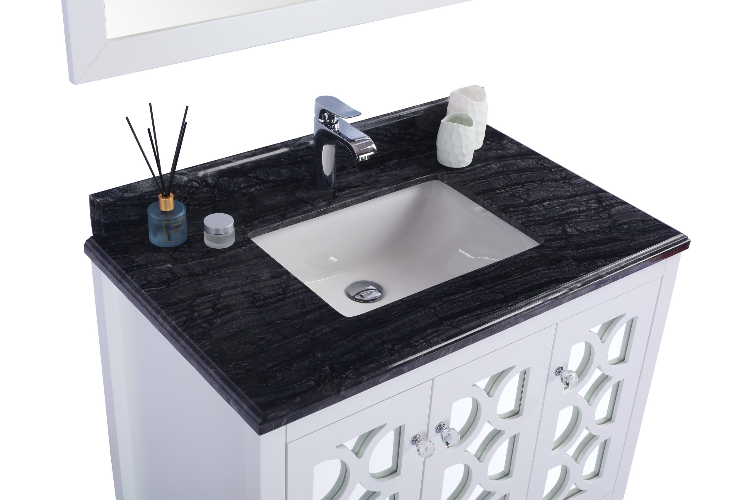 Laviva - Mediterraneo 36" White Bathroom Vanity with Black Wood Marble Countertop | 313MKSH-36W-BW