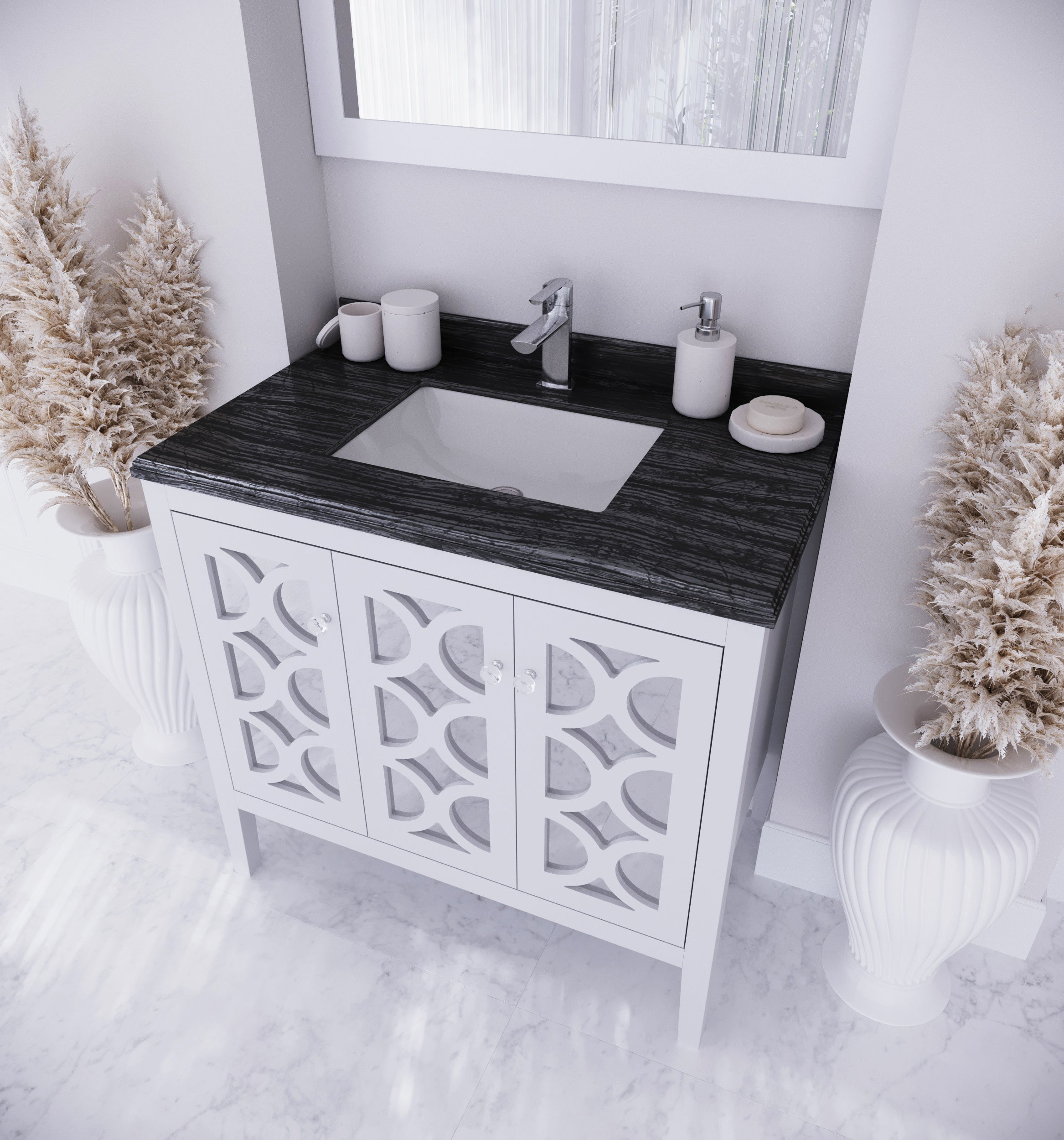 Laviva - Mediterraneo 36" White Bathroom Vanity with Black Wood Marble Countertop | 313MKSH-36W-BW