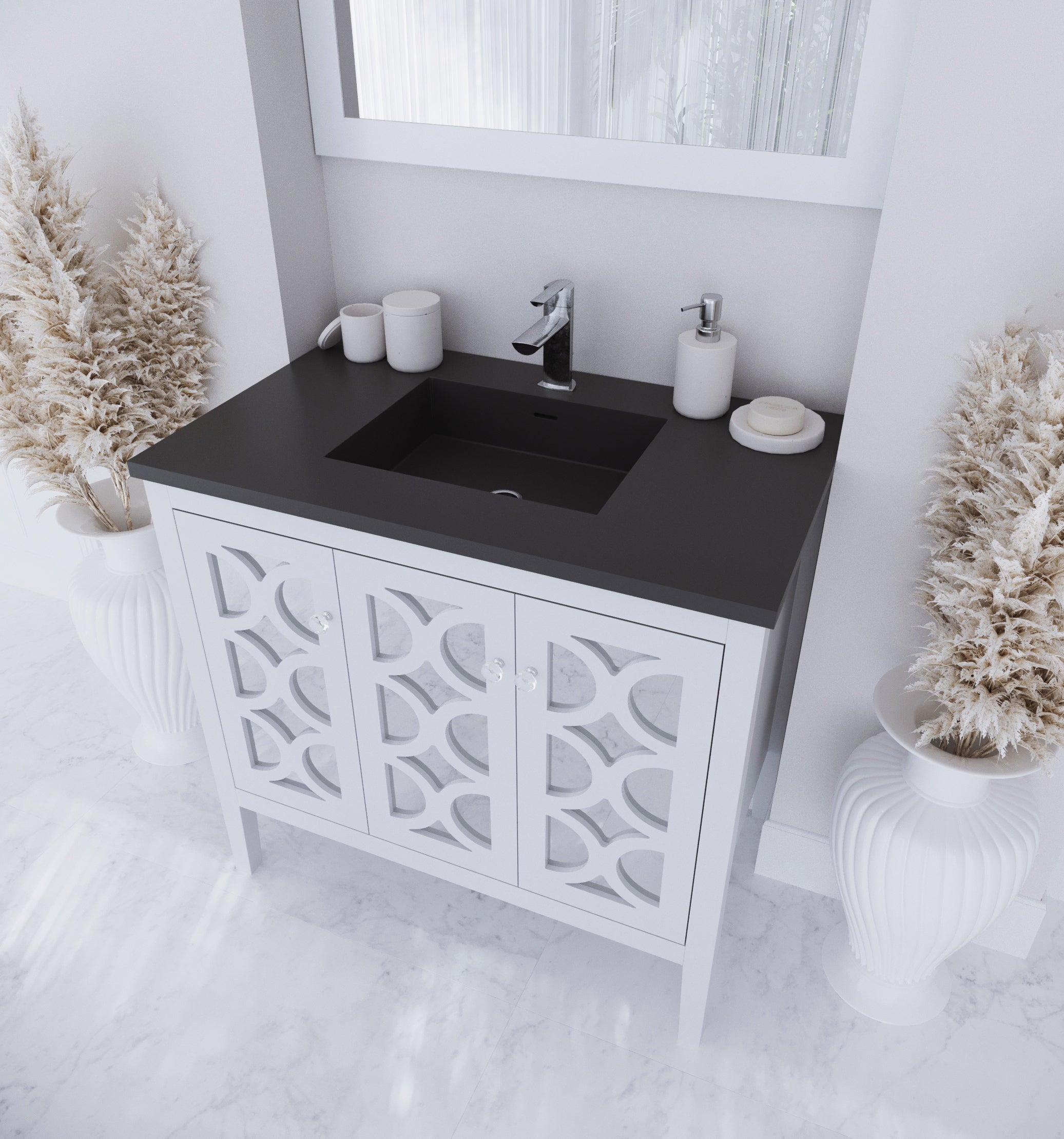 Laviva - Mediterraneo 36" White Bathroom Vanity with Matte Black VIVA Stone Solid Surface Countertop | 313MKSH-36W-MB