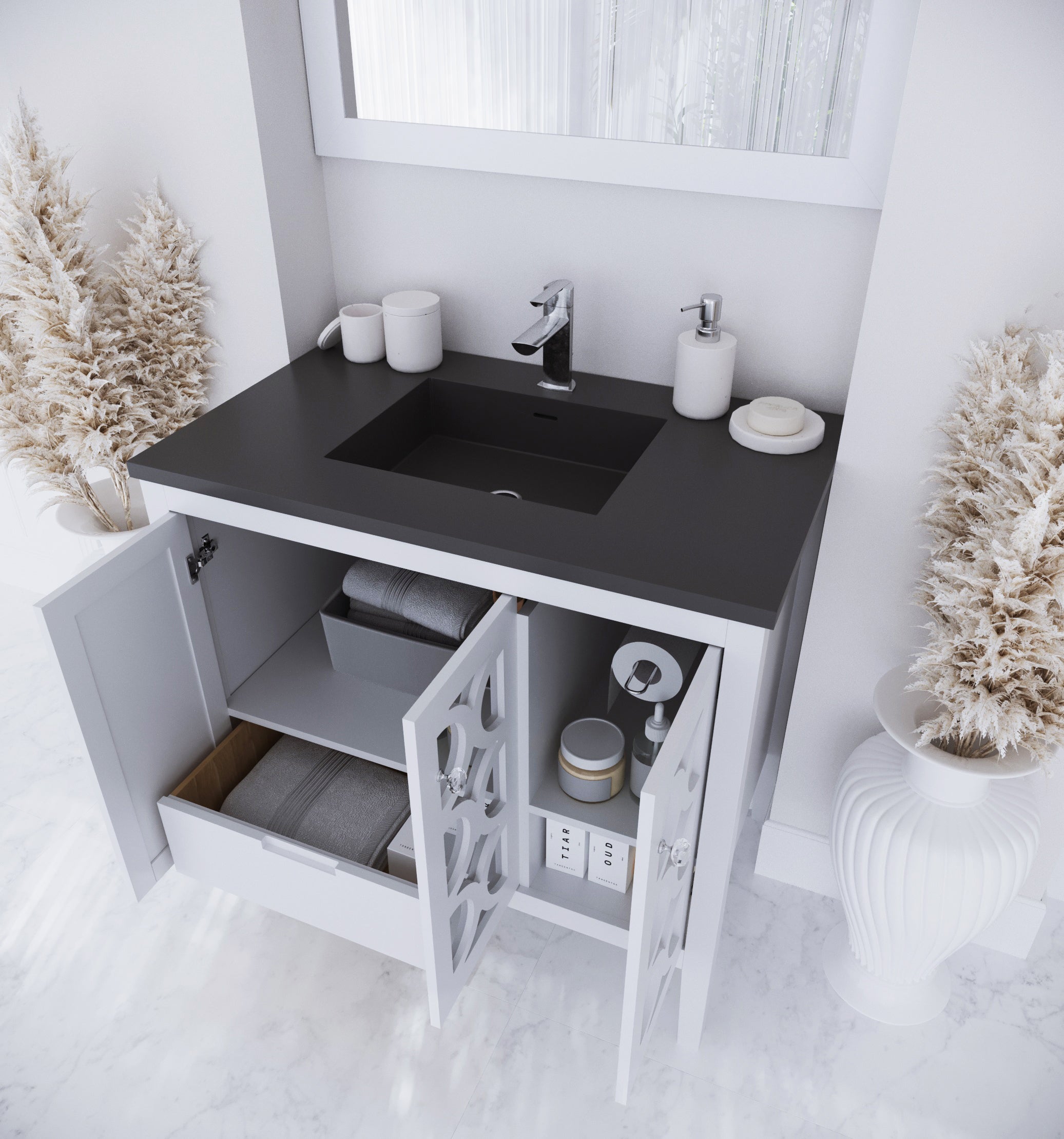 Laviva - Mediterraneo 36" White Bathroom Vanity with Matte Black VIVA Stone Solid Surface Countertop | 313MKSH-36W-MB