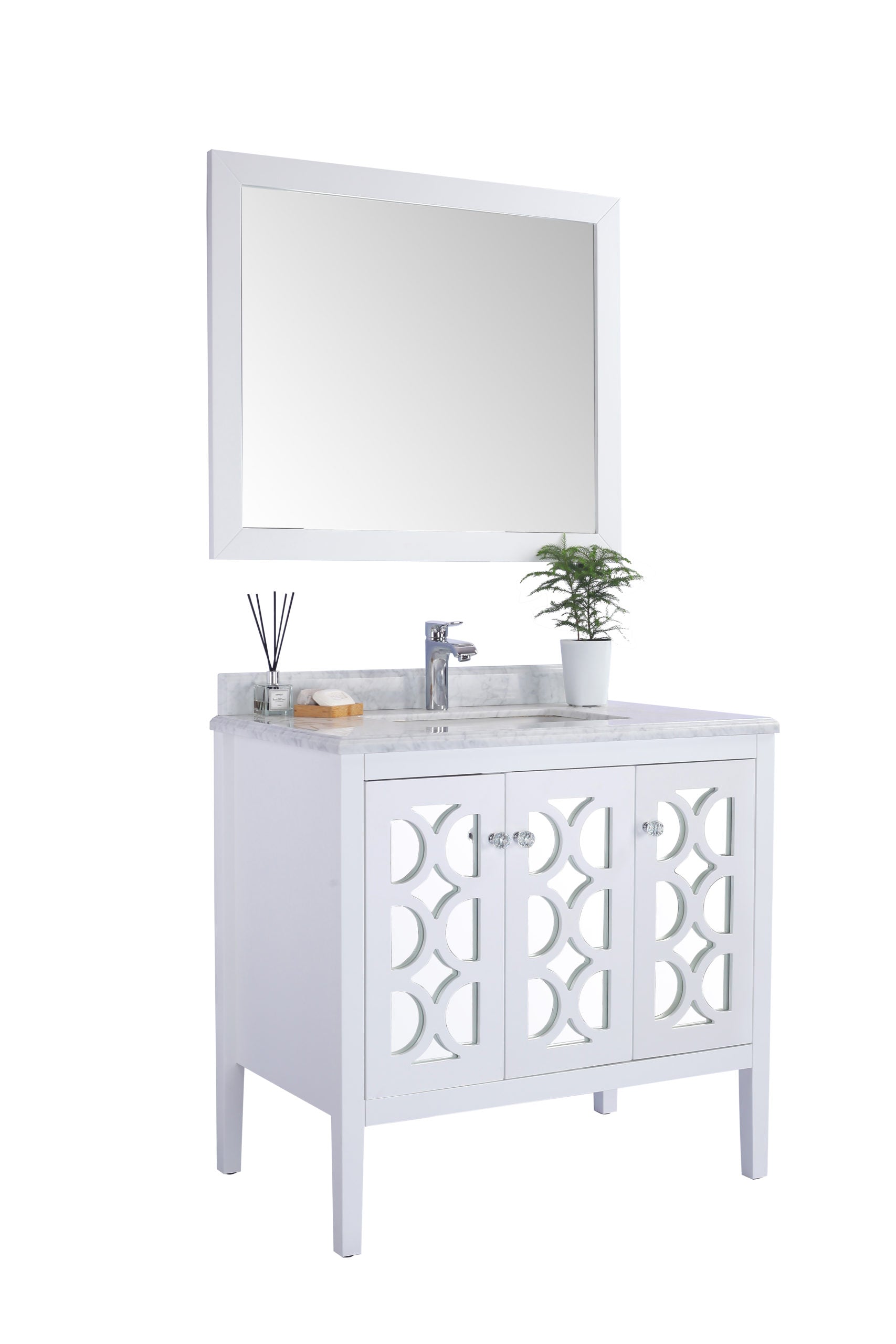 Laviva - Mediterraneo 36" White Bathroom Vanity with White Carrara Marble Countertop | 313MKSH-36W-WC