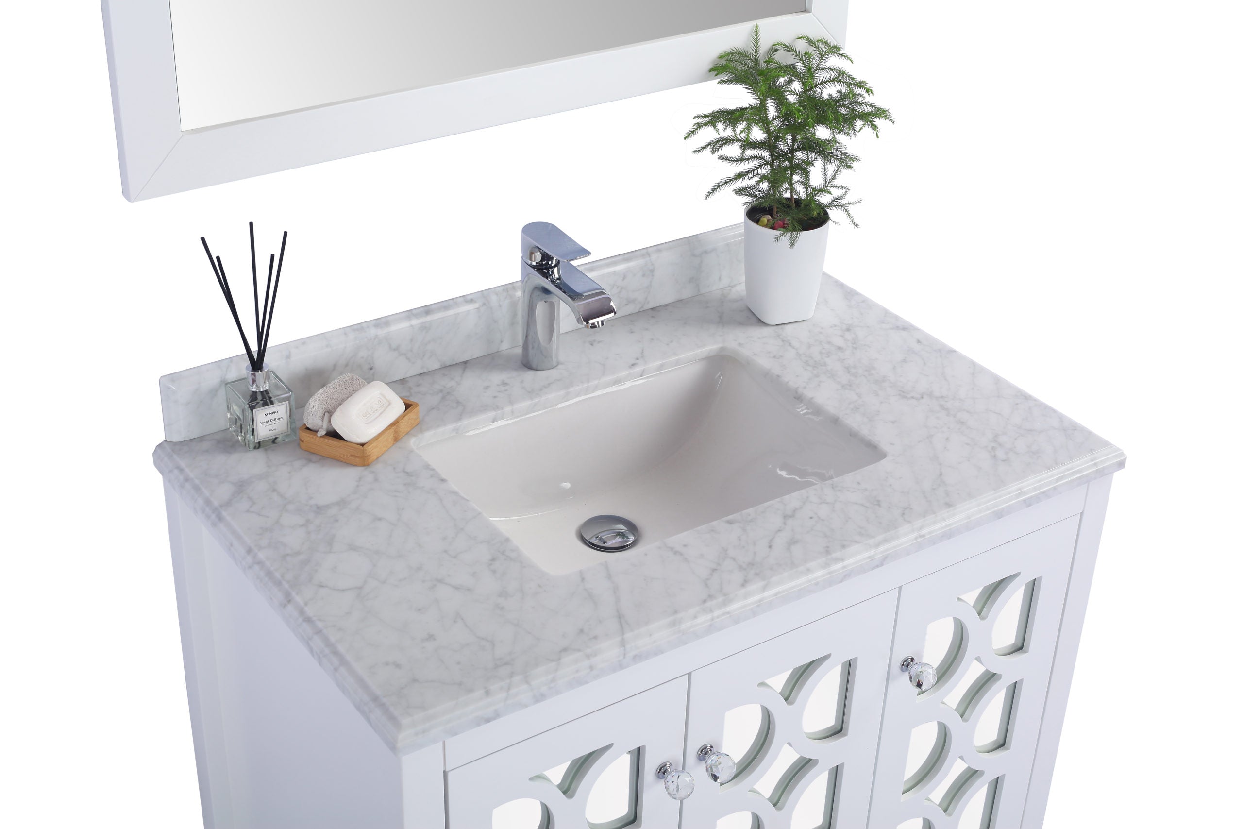 Laviva - Mediterraneo 36" White Bathroom Vanity with White Carrara Marble Countertop | 313MKSH-36W-WC