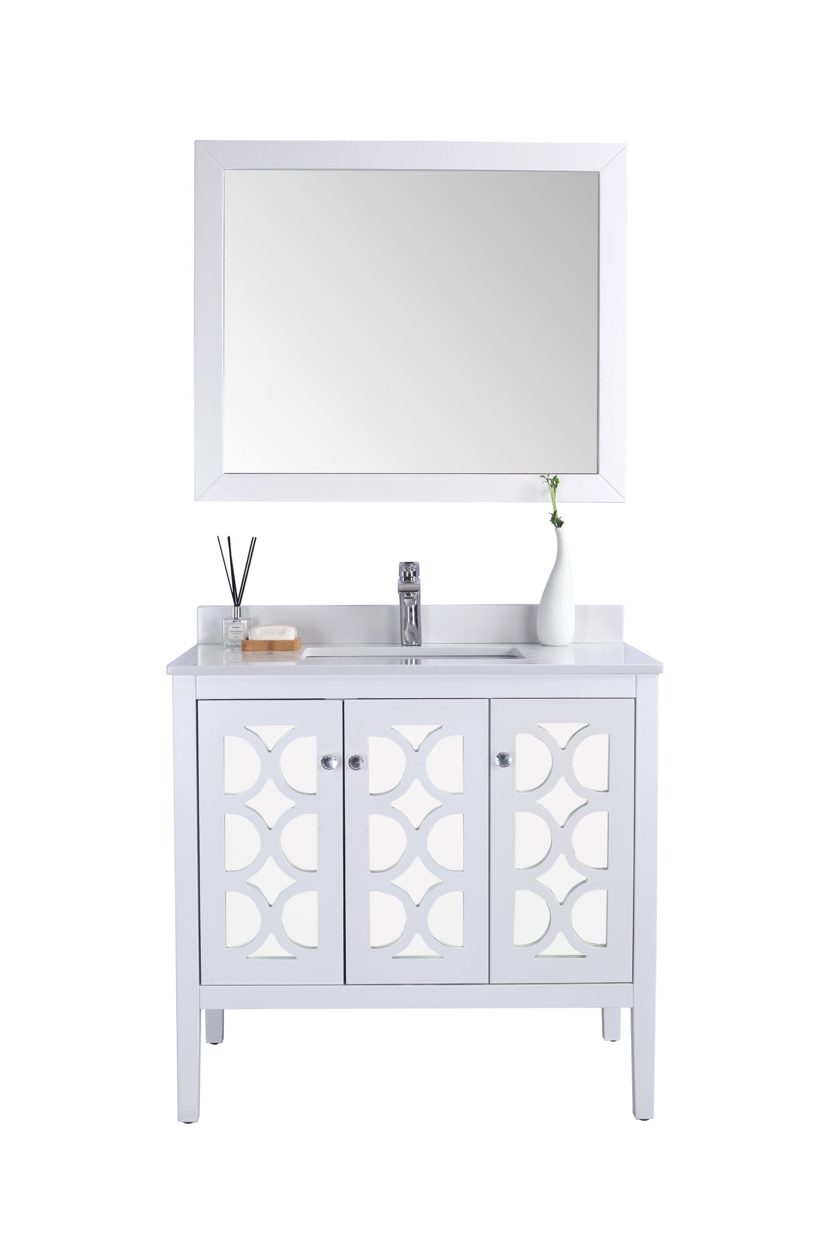 Laviva - Mediterraneo 36" White Bathroom Vanity with White Quartz Countertop | 313MKSH-36W-WQ