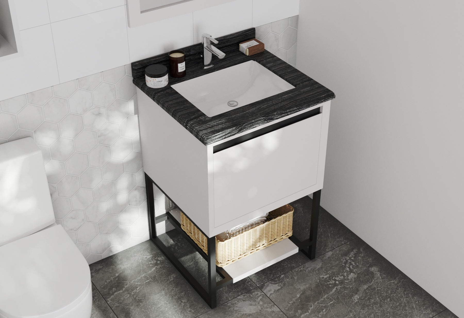 Laviva - Alto 24" White Bathroom Vanity with Black Wood Marble Countertop | 313SMR-24W-BW