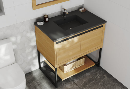 Laviva - Alto 36" California White Oak Bathroom Vanity with Matte Black VIVA Stone Solid Surface Countertop | 313SMR-36CO-MB