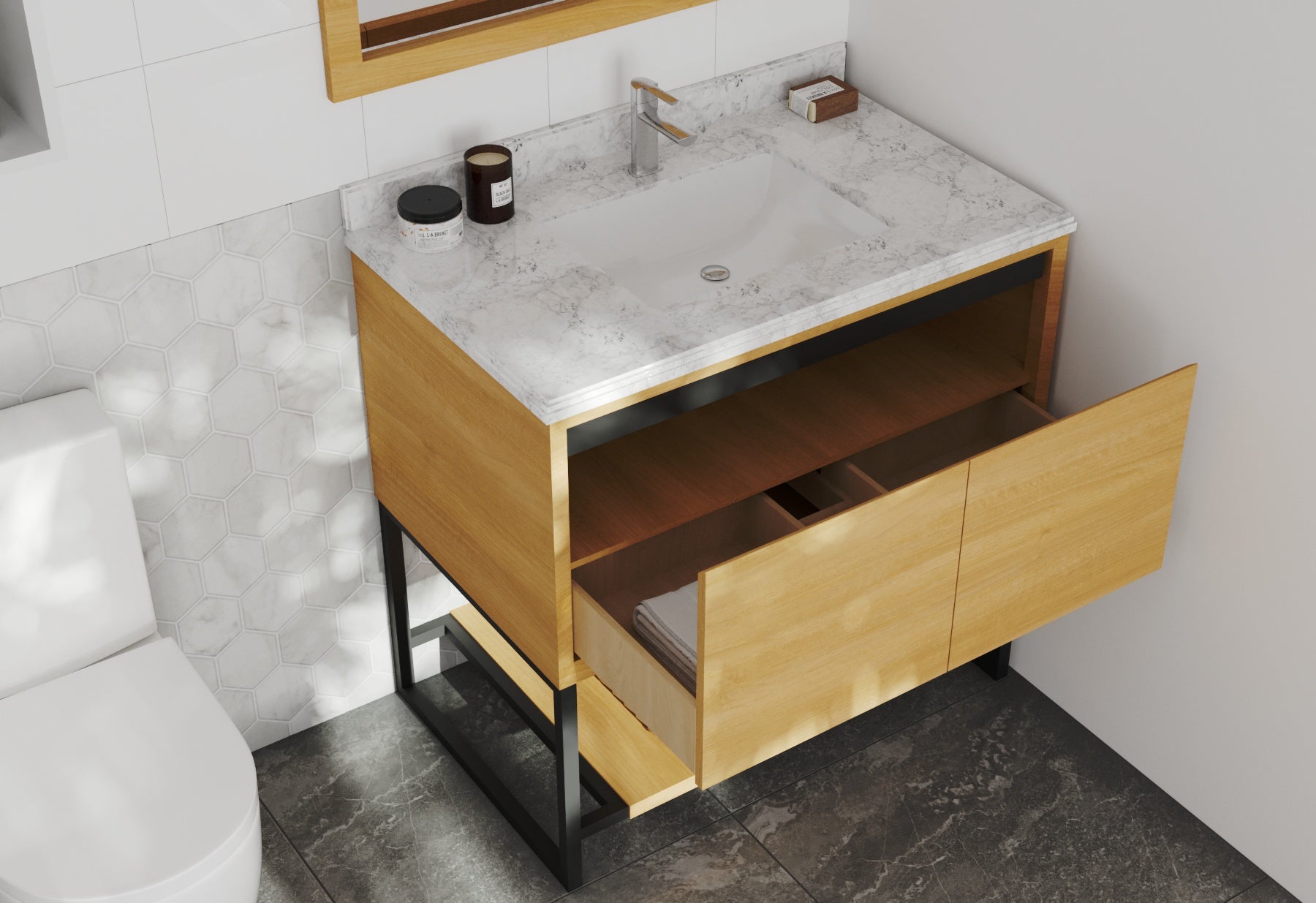 Laviva - Alto 36" California White Oak Bathroom Vanity with White Carrara Marble Countertop | 313SMR-36CO-WC